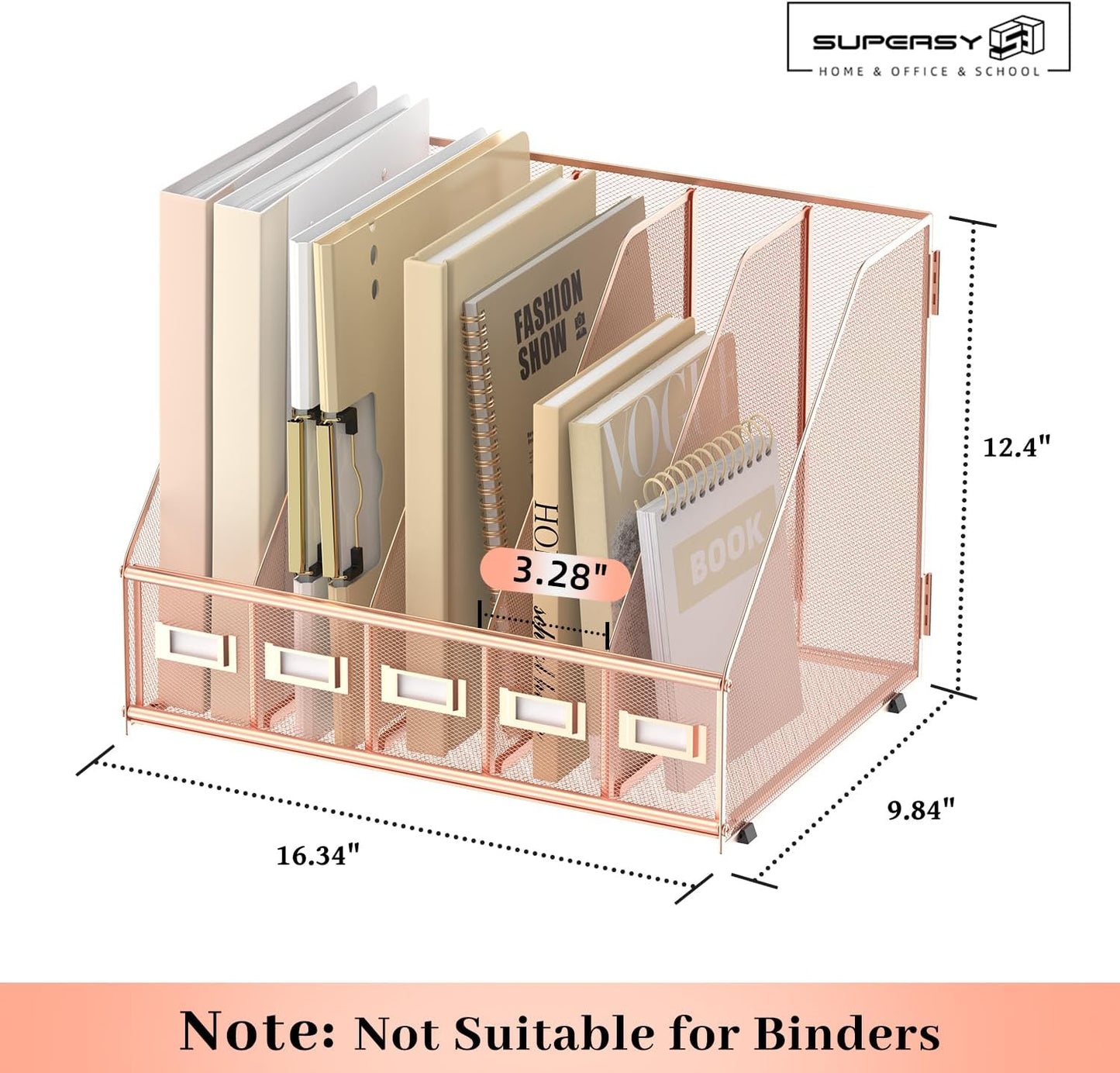 SUPEASY Desk Organizers Metal Desk Magazine File Holder with 5 Vertical Compartments Rack File Organizer for Office Desktop, Home Workspace, Rose Gold