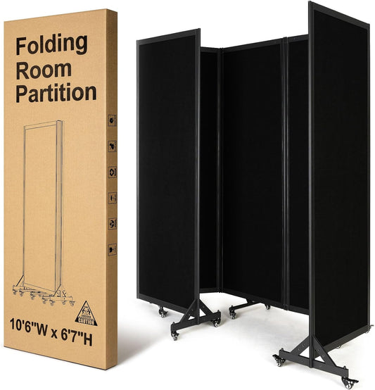 Folding Room Partition, Office Partition Dividers, Privacy Divider Wall, Office Divides, 10'6"W x 6'7"H,Black