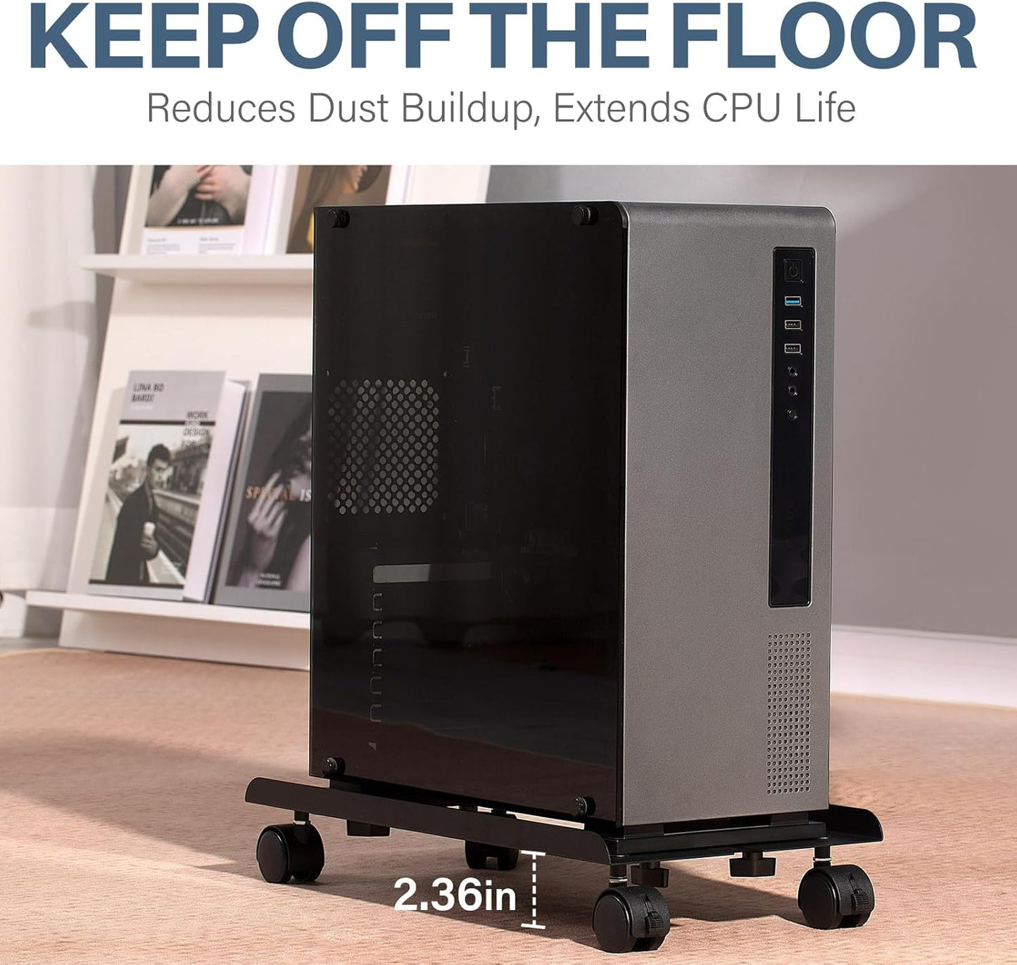 Mobile PC Stand, Adjustable Metal Computer Tower Stand, PC Floor Stand with 4 Locking Caster Wheels, PC Tower Stand, CPU Holder, PC Cart PC Riser Fits Most PC for Gaming Office Desk