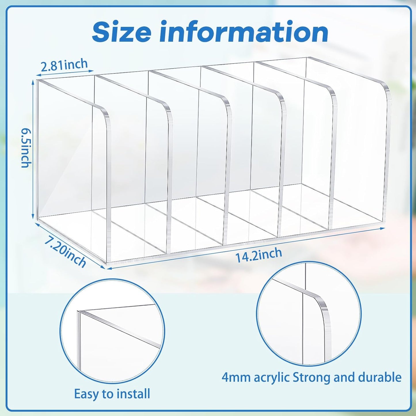 Suzile Clear Acrylic Magazine File Holder with Vertical Compartments Desk Organizer Book Rack for Desk Sorter Paper Folder Office Accessories(Clear,14.2 x 7.2 x 6.5 Inch)
