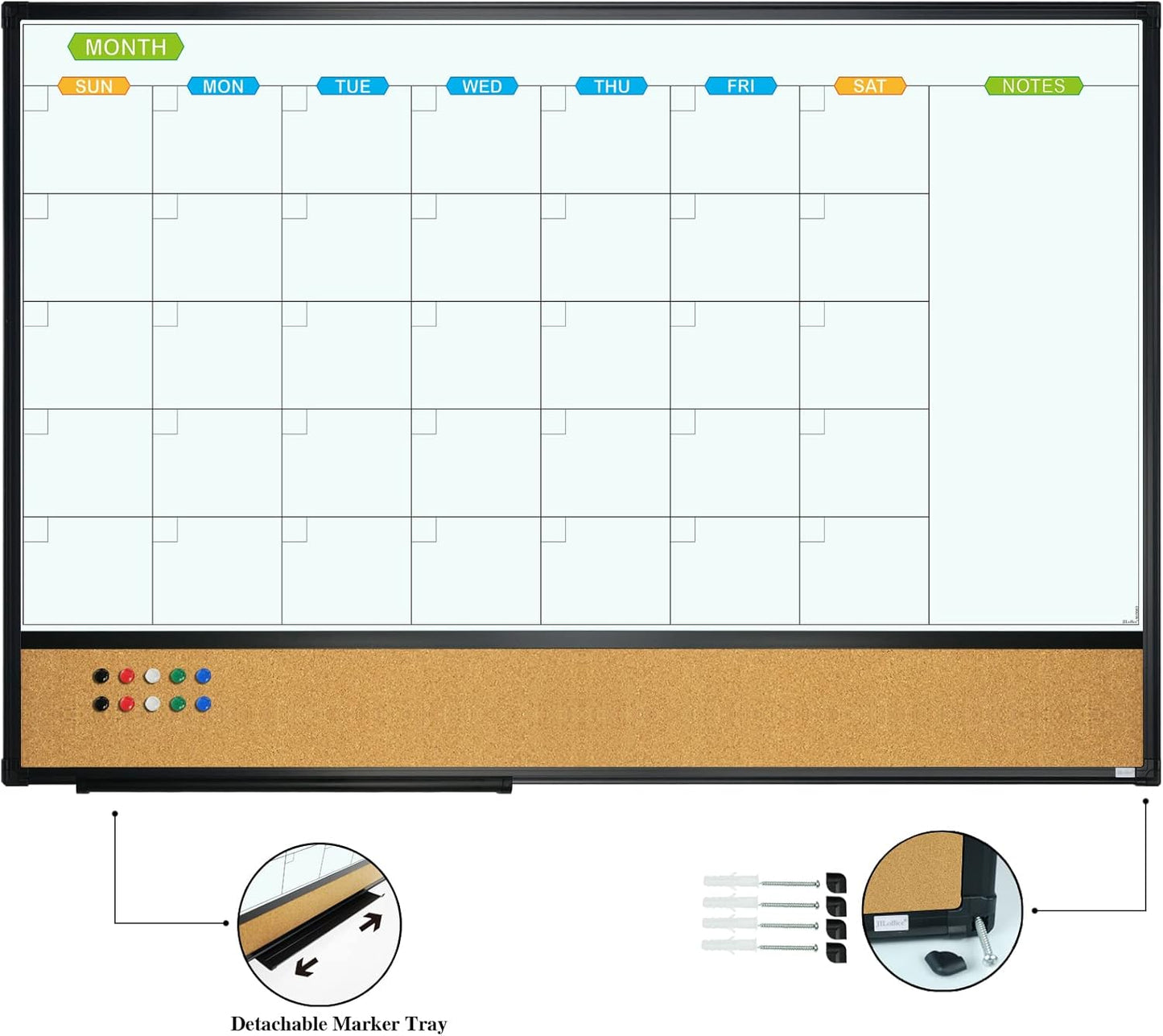 JILoffice Magnetic Calendar Whiteboard & Bulletin Corkboard Combination, Combo Board 36 x 24 Inch, 2 Pack, Black Aluminum Frame Wall Mounted Board for Office Home and School with 10 Push Pins