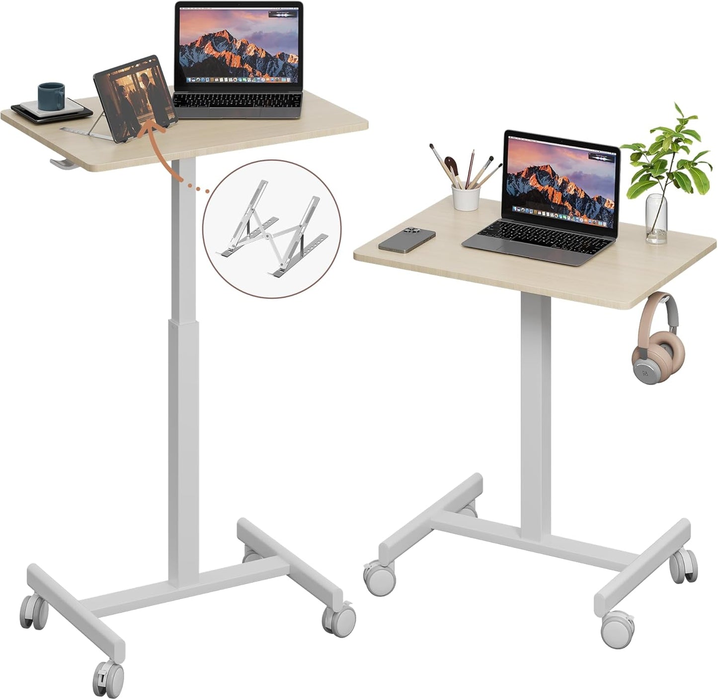 Mobile Small Standing Desk, Gas Spring Adjustable Height Rolling Portable Laptop Desk with Lockable Wheels, Computer Workstation, Rolling Podium (Maple Top + White Frame, 18 * 26)