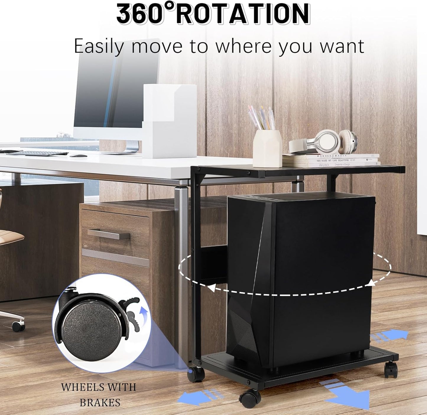 PC Stand Computer Tower Stand 2-Tier Metal CPU Holder with Locking Caster Wheels Suitable for Most PC (Black, L)