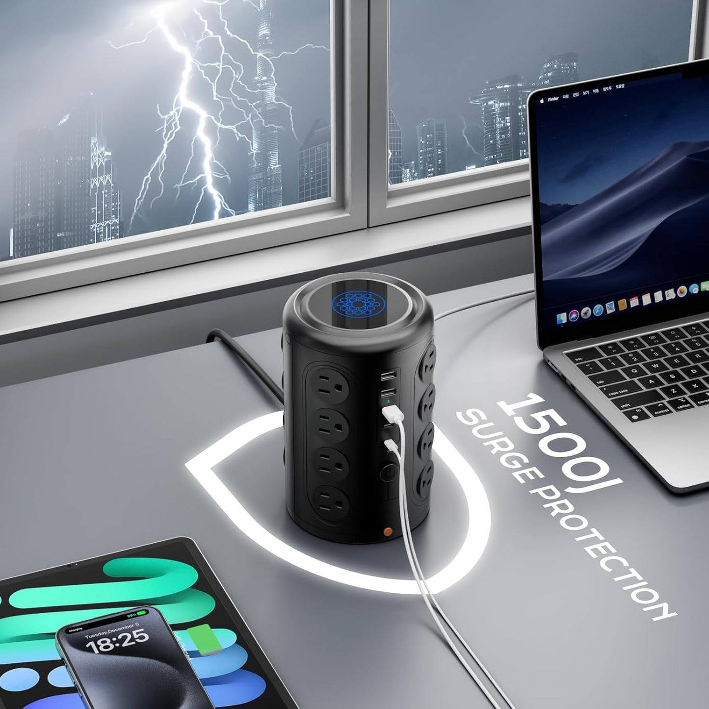 Heavy Duty Power Strip Tower with 16 Outlets and 5 USB Ports (2 USB-C), TenTrend 1500J Surge Protector with Multiple Outlets, 6 FT Extention Cord for Home Office Desk, Dorm Room Essentials Black