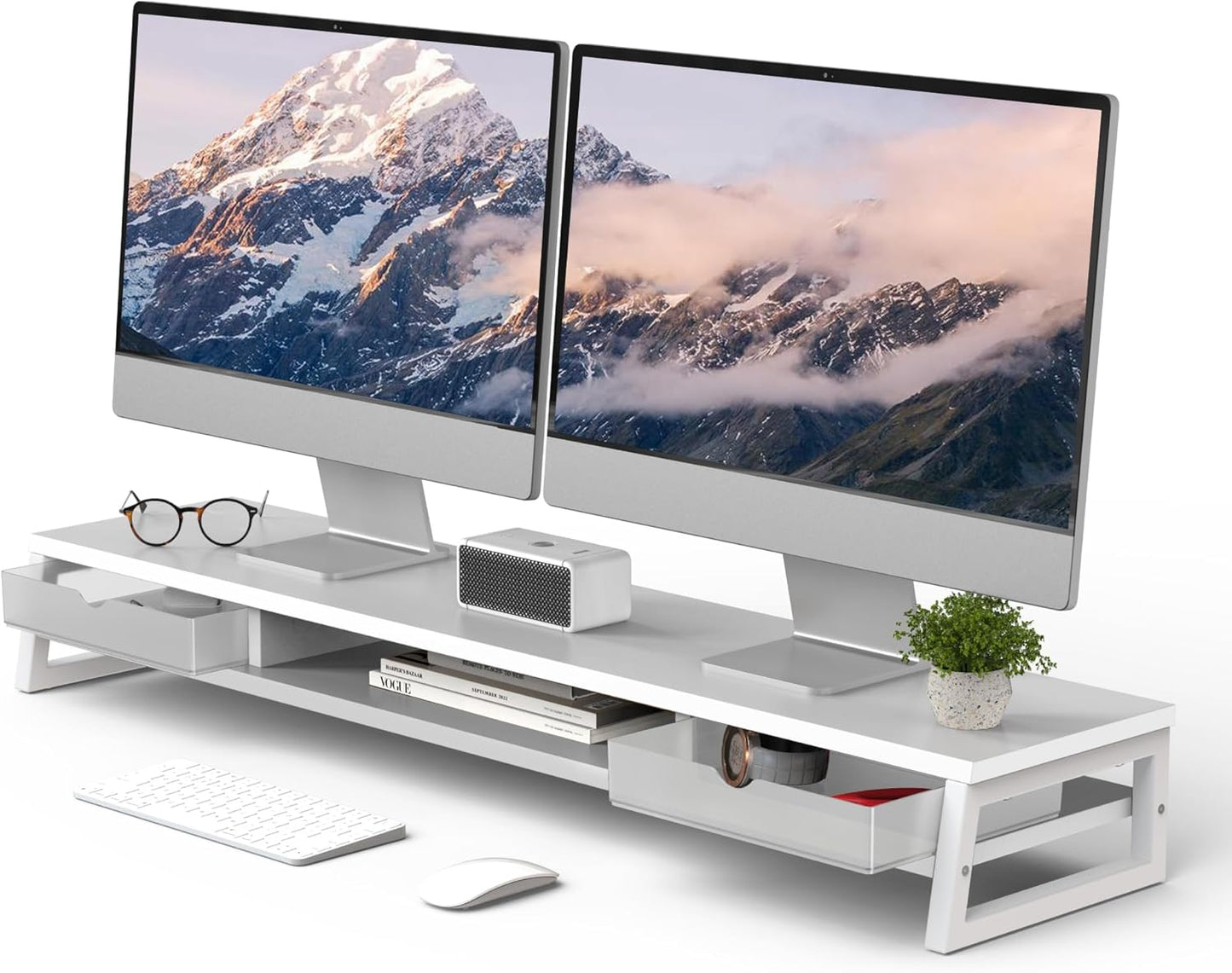 Fenge Dual Monitor Stand, Monitor Riser with Drawer, 42.5 Inch Large Computer Monitor Stand for 2 Monitors, 2 Tier Wooden Desk Shelf for Top of Desk