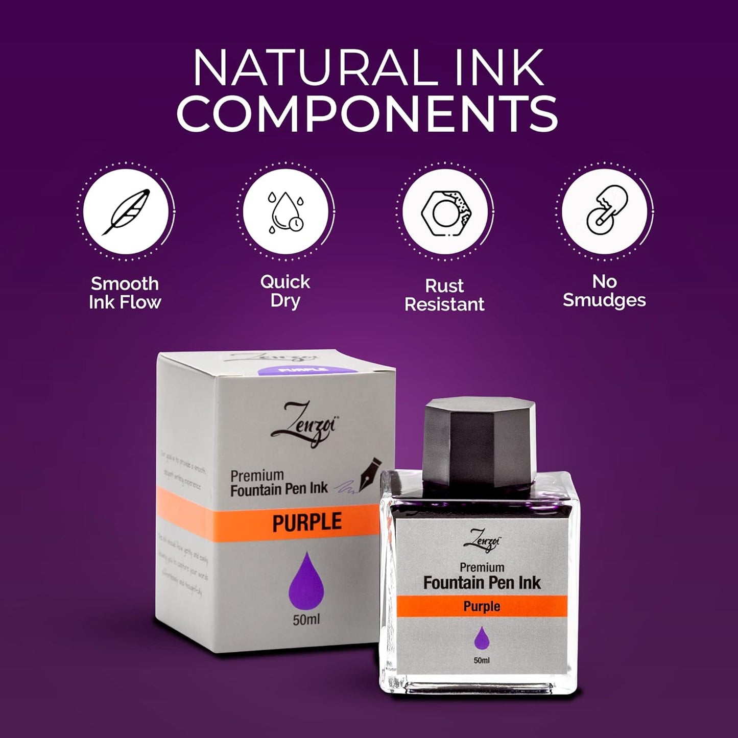ZenZoi Fountain Pen Ink Bottle 50ml | Premium Designed Bottled Ink for Fountain Pens – Suitable for Calligraphy and All Branded Pens | Quick Drying and Smooth Flow Writing Experience (Purple)