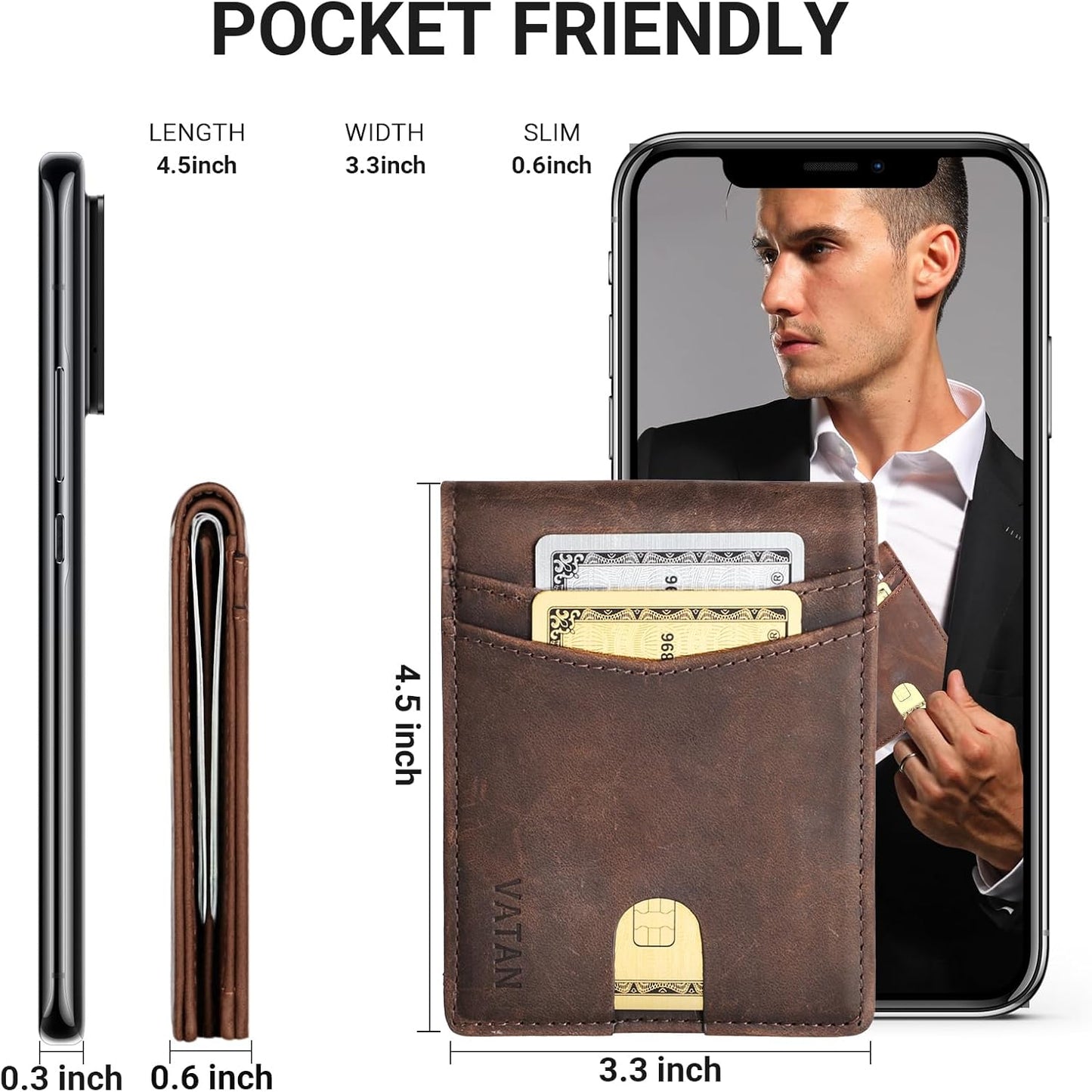 VATAN Wallet for Men, Mens Minimalist Wallet Credit Card Holder, Slim Leather Rfid 2 ID Window Large Capacity With Gift Box (CH Coffee)