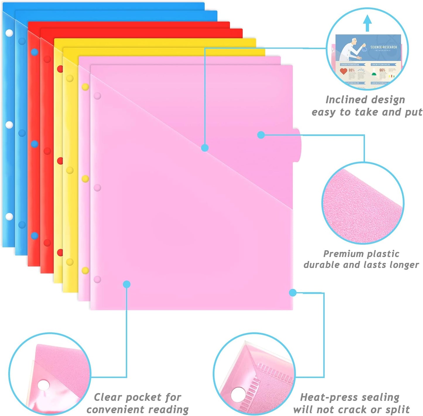 WOT I 8-Tab Binder Dividers with Clear Front Pocket - 3 Sets, Reusable Plastic Pocket Dividers for 3 Ring Binder, 4 Vibrant Colors, Tear-Resistant, Total 24 Tabs