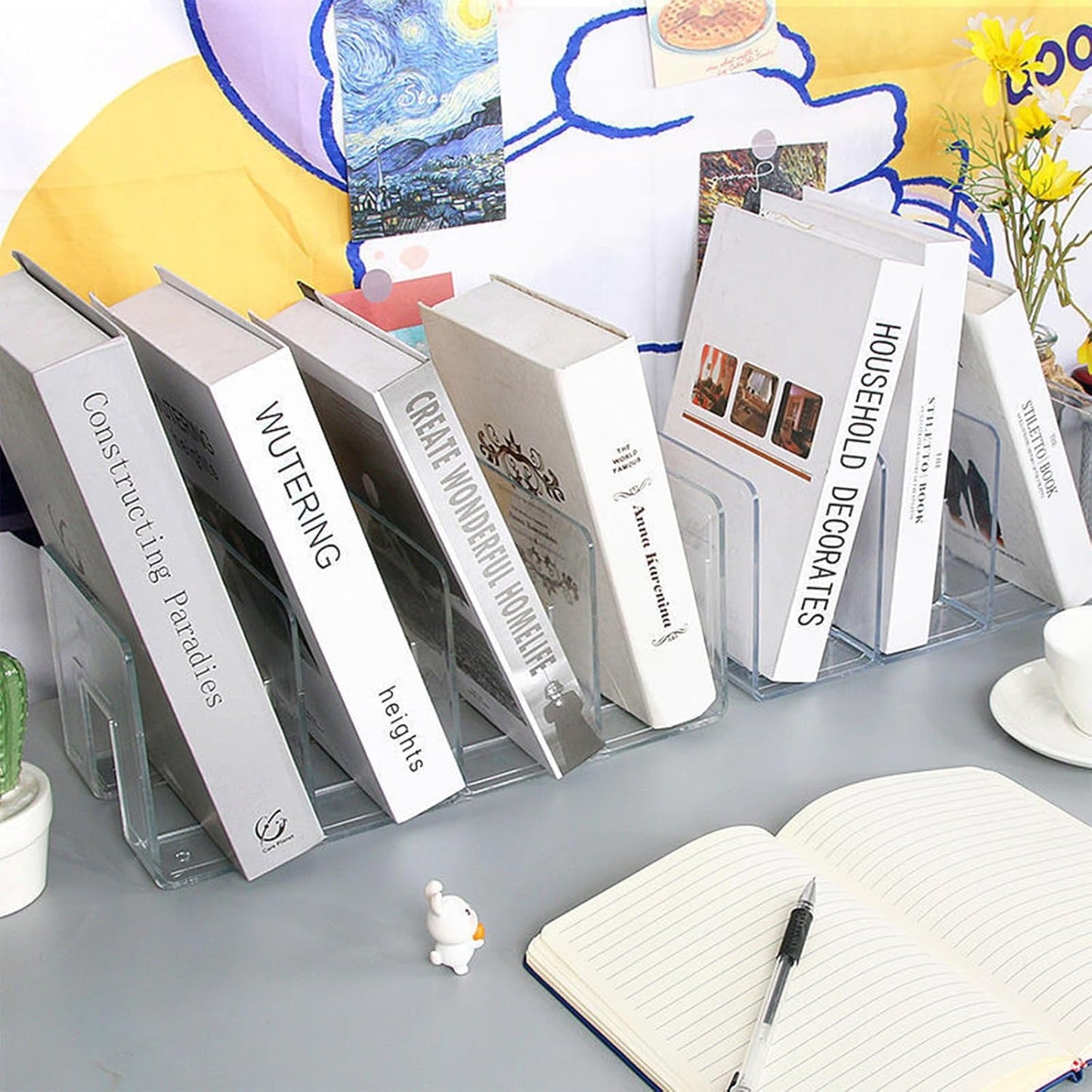 2PCS Acrylic File Organizer for Desk, Desktop Document/Mail Organizer, 4 Compartments Plastics Invisible Bookshelf Floating (12.5" x 5.7" x 5", Clear)