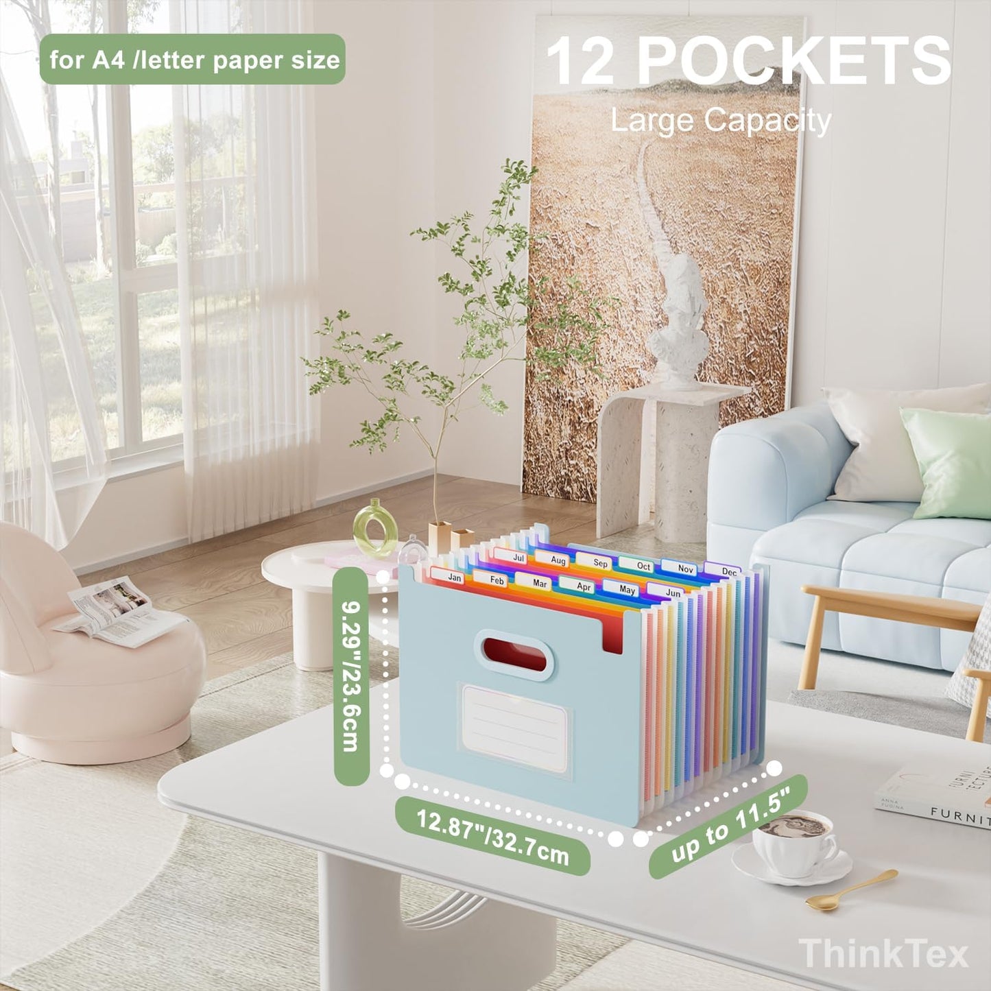 ThinkTex Accordion File Organizer, 12 - Pocket Expanding File Folders Upright & Open Top,for Paper Receipts, Bills&Taxes Organizer, Letter/A4 Size for School, Office, Home with Colorful tab-Light Blue