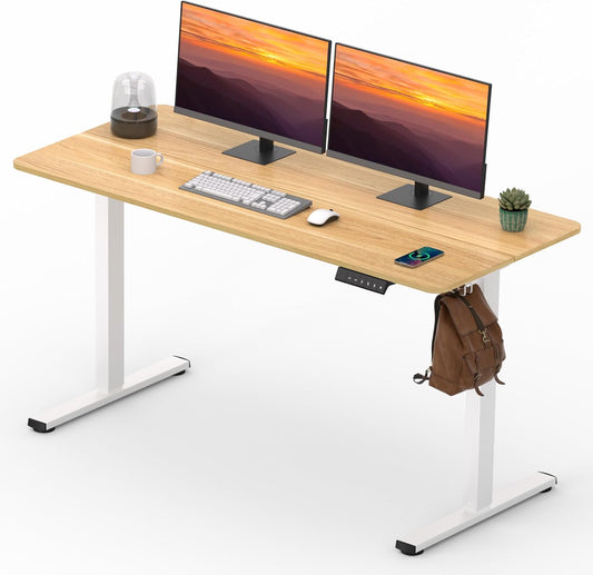 Adjustable Stand Up Desk with Memory Preset,Electric Standing Desk 55x 24 Inch Home Office Desk Computer Workstation Sit Stand Desk, Splice Maple Top + White Frame