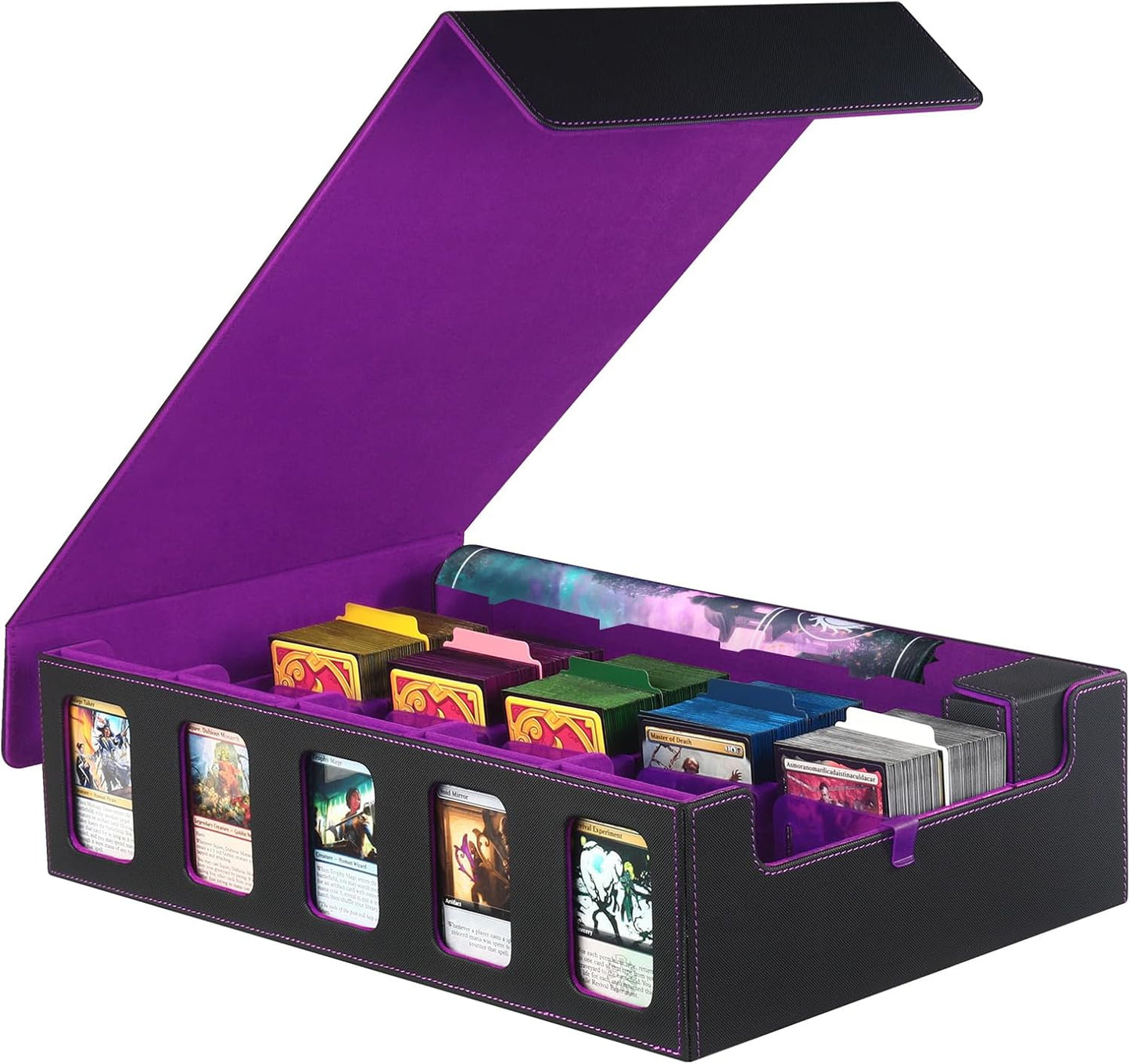 Trading Card Storage Box for MTG, card storage box with Commander Display，Multi-purpose Deck Case for MTG TCG Sports Card, 4 Toploaders, 4 Stoppers, 4 Colorful Dividers (Black& Purple, 5-Row)