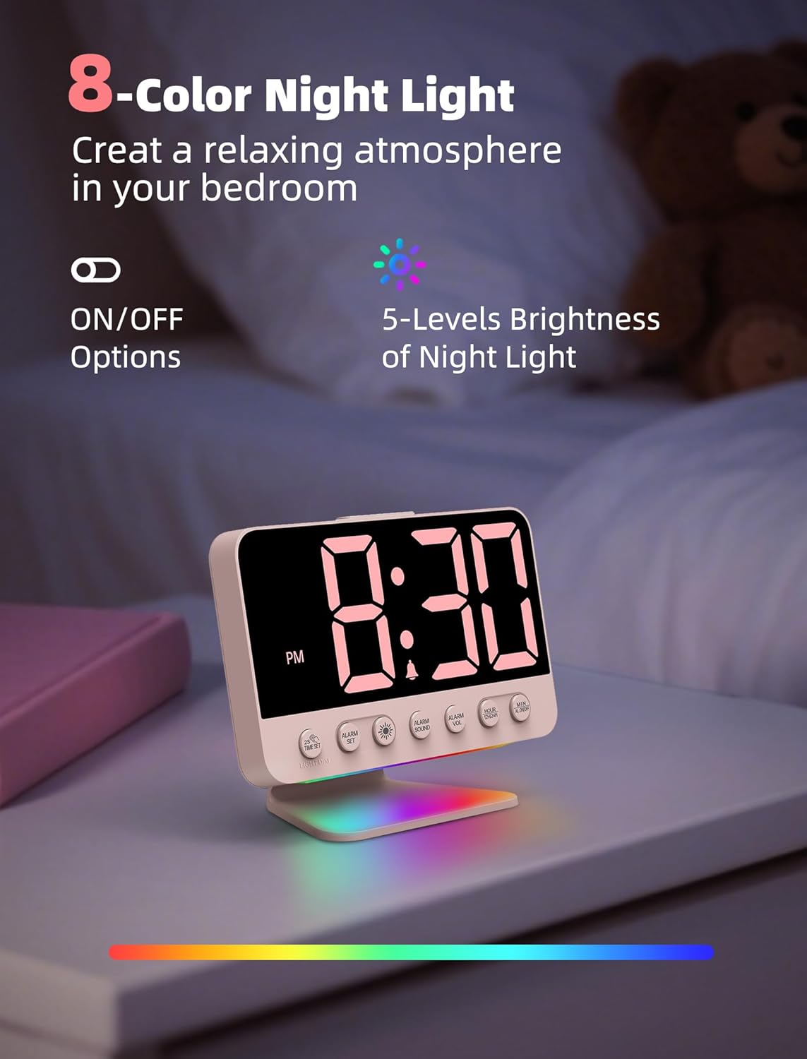 Digital Alarm Clocks for Bedrooms: Large Bold Number 5 Brightness Dimmer - Easy to Read Across The Room - 5 Alarm Sound 8 Night Light - Sakura Pink