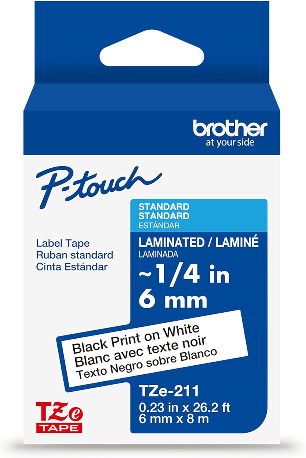 Brother Genuine TZe211~1/4" Black Print on White Label Tape. Each: 0.23 in x 26.2 ft (6 mm x 8 m)