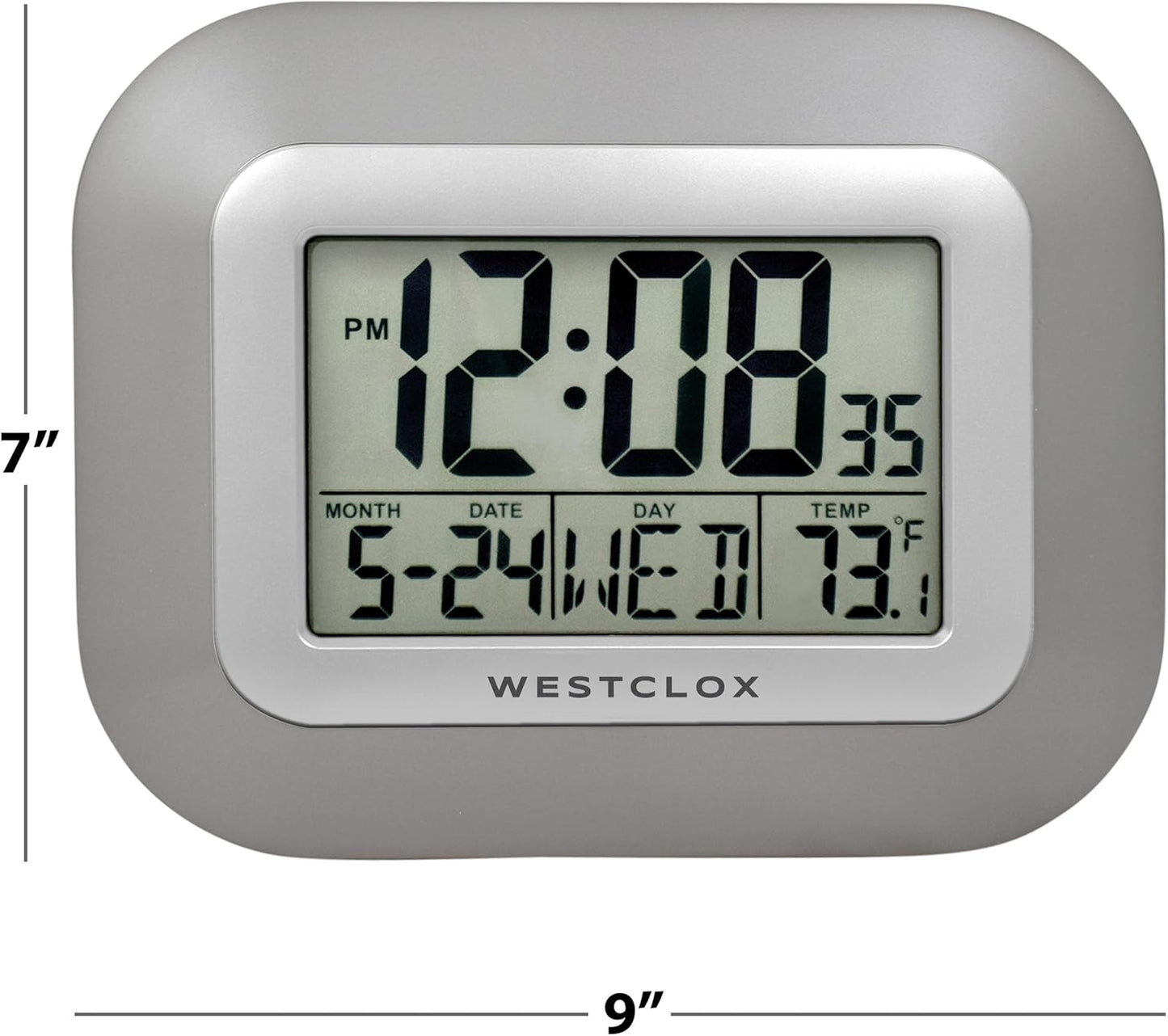 Westclox Large Digital Wall Clock Battery Operated Large Digital Clock with Temperature Date and Day of Week with Alarm | Modern Digital Desk Clock for Office Kitchen Bedroom or Living Room | Silver