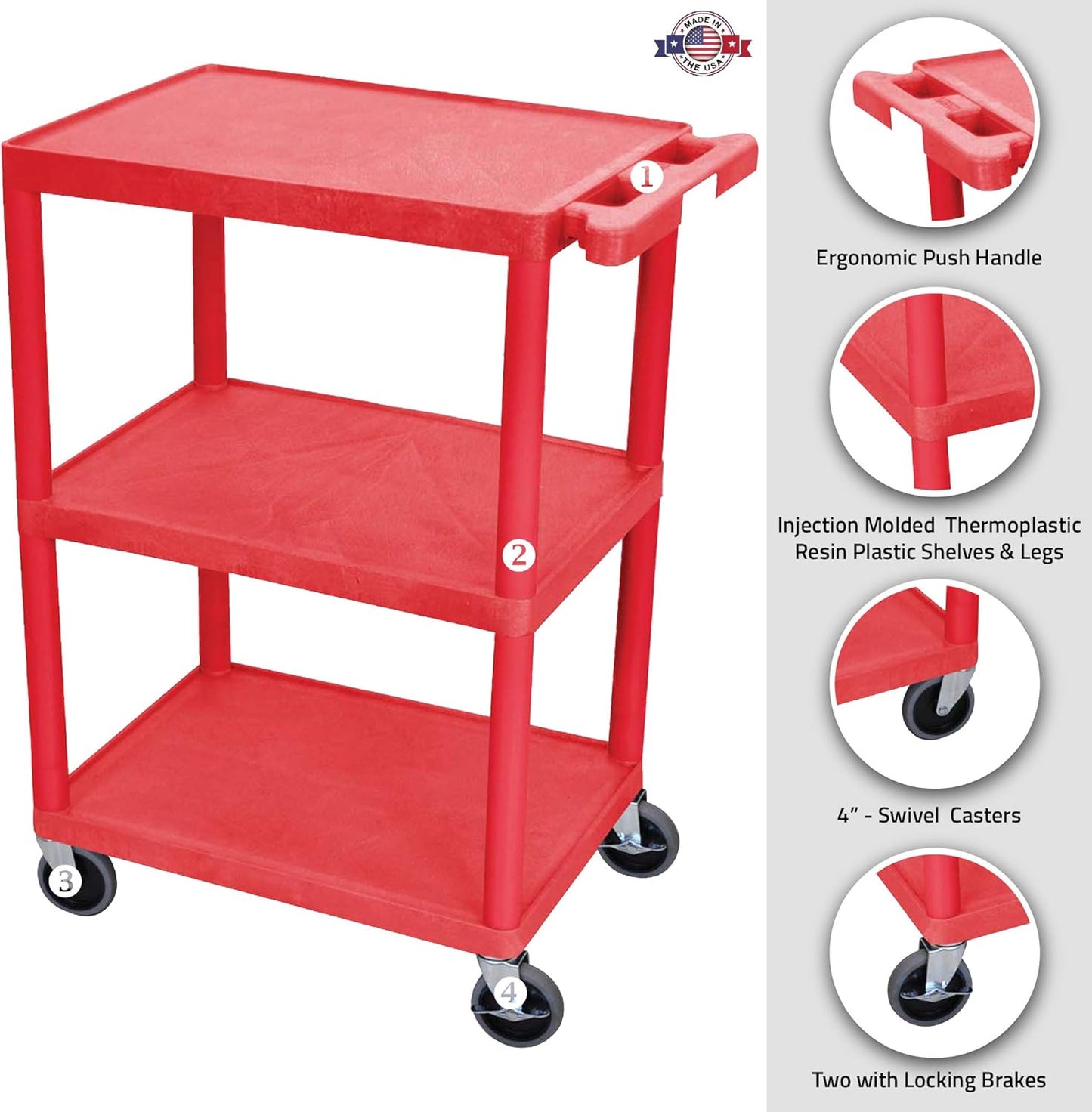 Luxor Multipurpose Storage Utility Cart 3 Shelves Structural Foam Plastic - Red