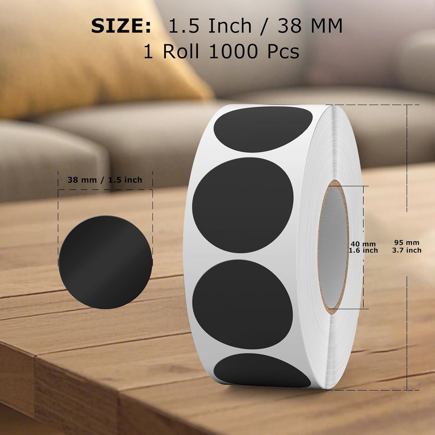 1000 PCS Circle Dots Stickers 1.5 Inch Vinyl Black Round Labels Removable Waterproof Color Coding Sticker Roll for Inventory Office Classroom