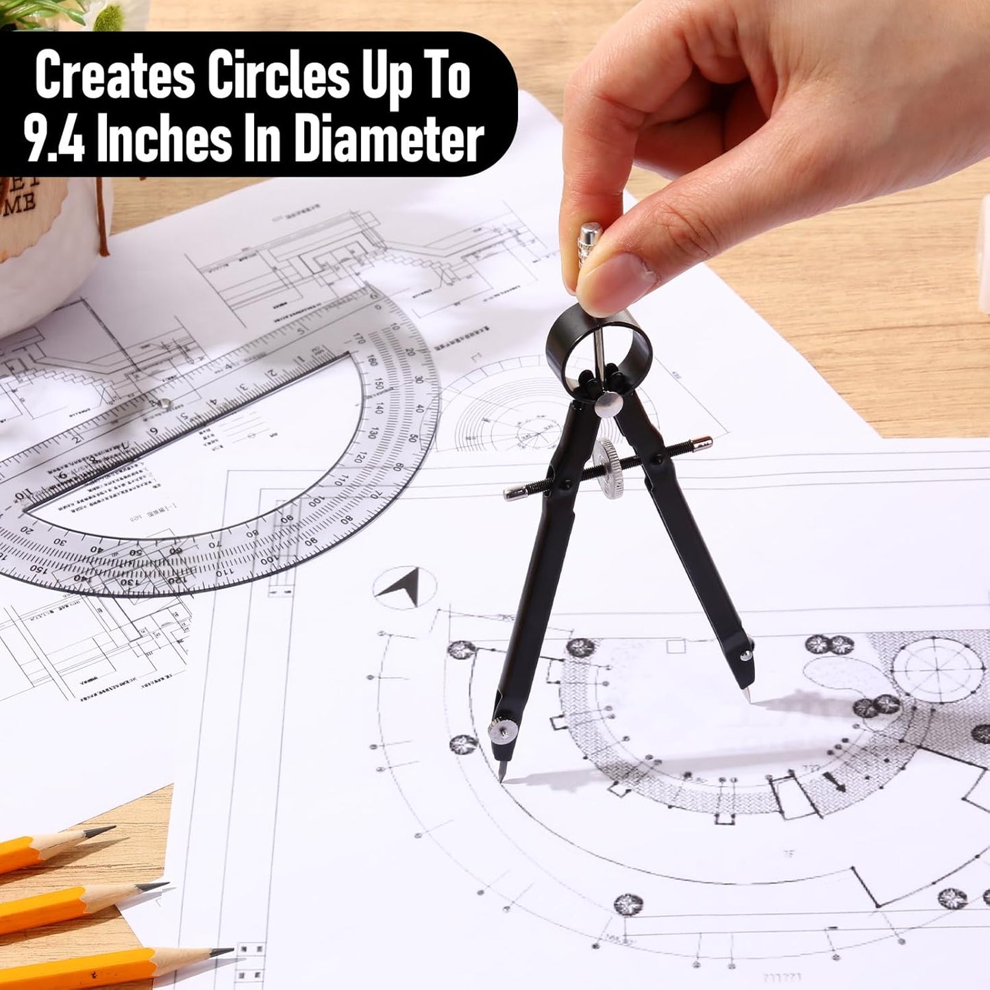 EBOOT Student Geometry Math Set, Drawing Compass and 6 Inch Clear Swing Arm Protractors 180 Degree Math Protractor (Black and Black)