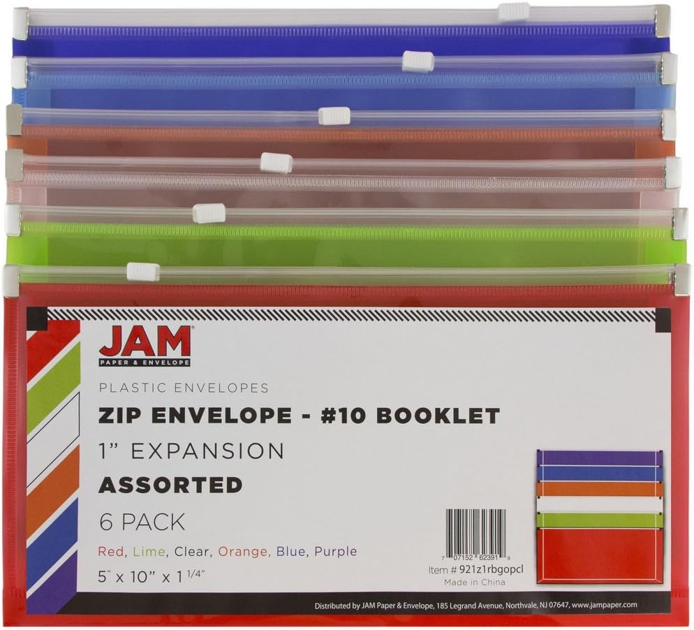JAM PAPER Plastic Envelopes with Zip Closure - #10 Booklet Wallet - 5 1/4 x 10 - Assorted Colors - 6/Pack