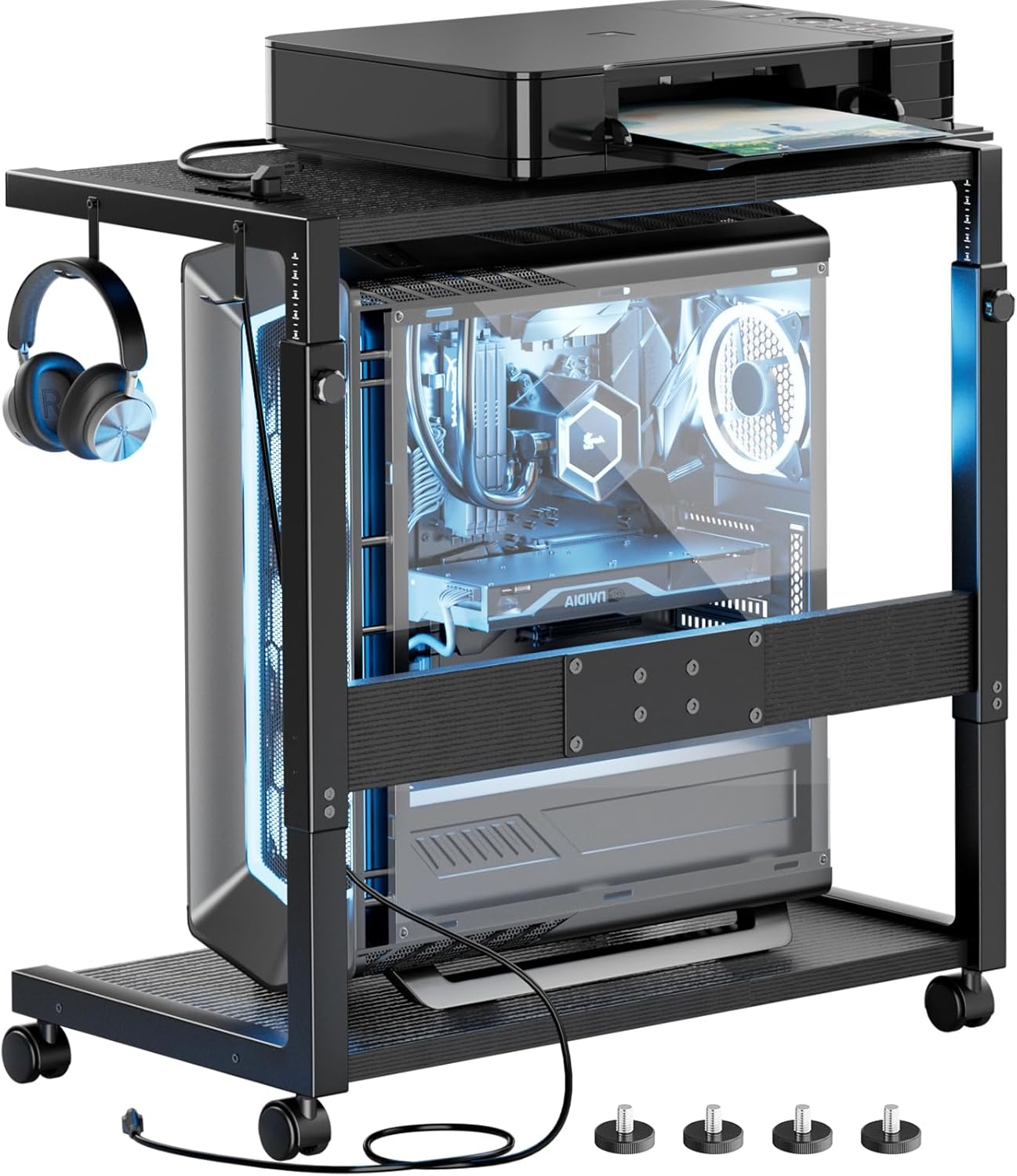 JANE EYRE PC Tower Stand - Adjustable Computer Tower Stand with Charging Station CPU Holder with Wheels for Home Office Gaming, Upgraded Larger Size 25.9" to 34.9" Height