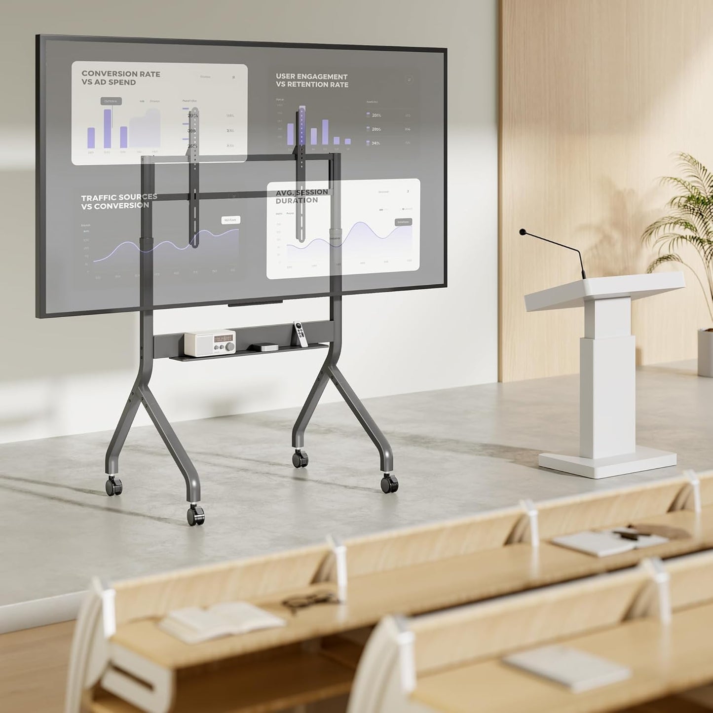 FortiLift Premium Manual Height Adjustable TV Cart for 55–90” Displays – Business-Class Rolling Stand with Crank Lift, VESA 900×600, 198 lbs Capacity, Storage Shelf, Lockable Wheels