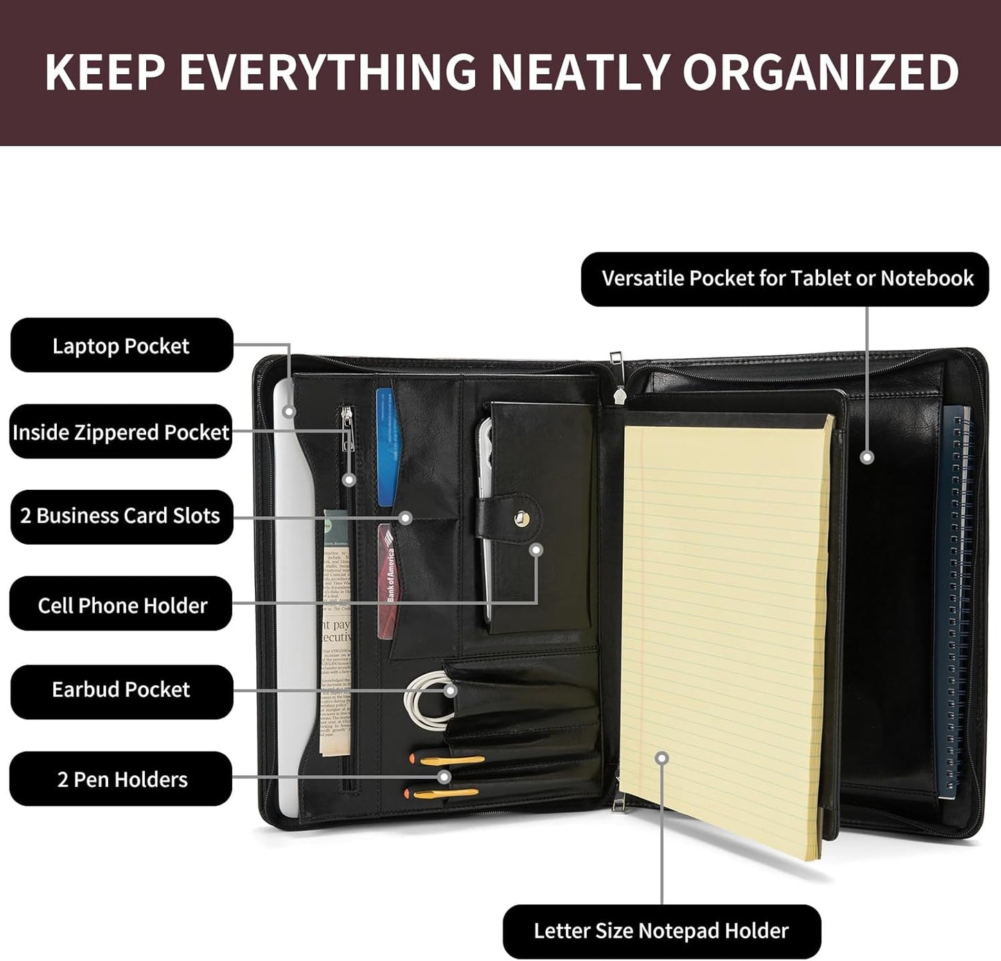 Vegan Leather Portfolio with Front Pocket for Men and Women, 8.5 x 11 Legal Pad Notepad Holder, Zippered Business Organizer, Professional Executive Letter Notebook Folder for Work, Black