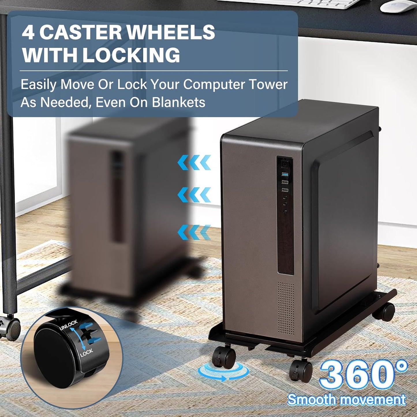 Mobile PC Stand, Adjustable Metal Computer Tower Stand, PC Floor Stand with 4 Locking Caster Wheels, PC Tower Stand, CPU Holder, PC Cart PC Riser Fits Most PC for Gaming Office Desk