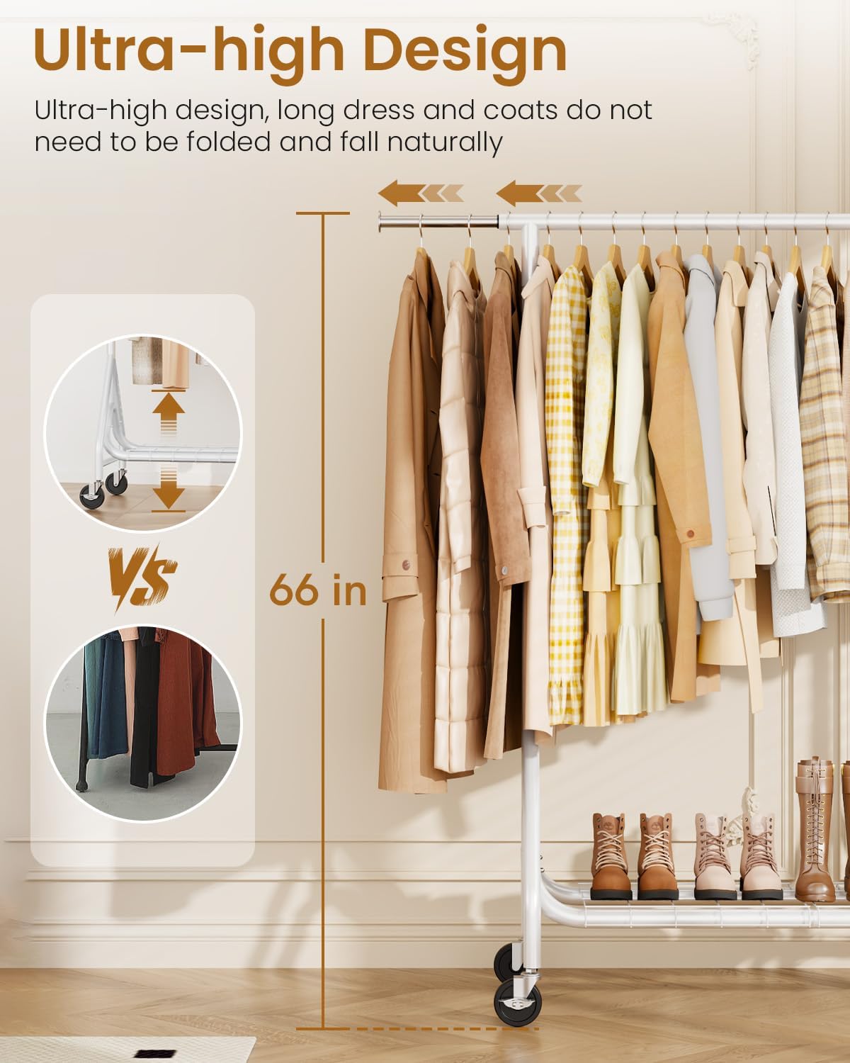 Heavy Duty Clothes Rack, Metal Clothing Rack Load 450 LBS, Rolling Coat Racks for Hanging Clothes with Lockable Wheels, Wardrobe Closet Garment Racks for Bedroom, White