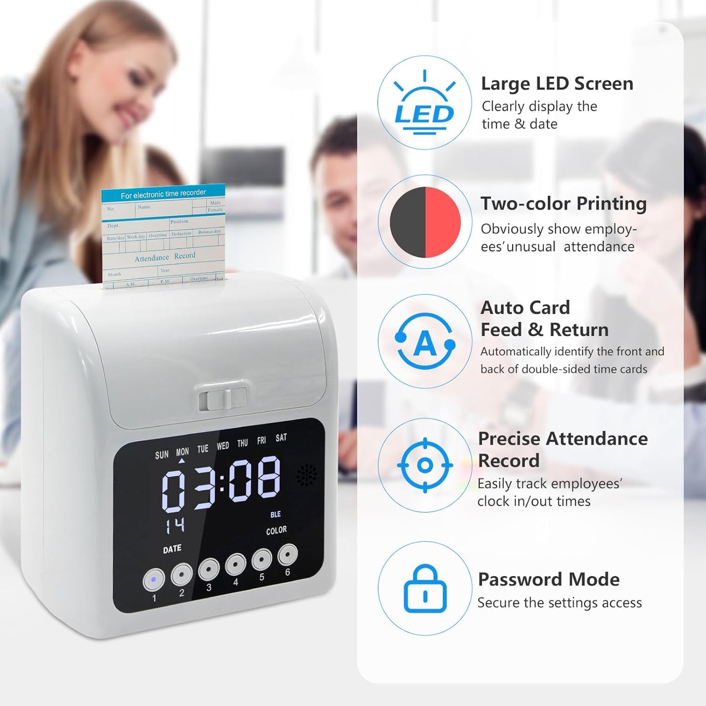 Time Clock with Passcode, Auto-Align Time Clocks for Small Business, Time Clock Punch Machine with 50-Piece Time Cards, and One Ink Ribbon Cartridge
