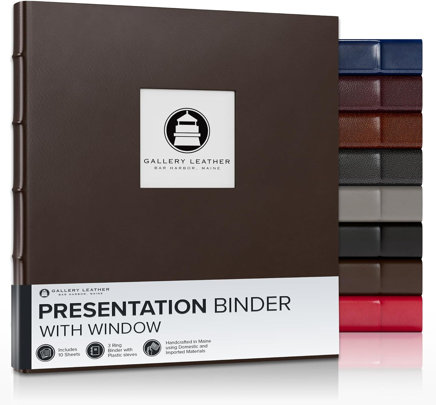 Gallery Leather 3 Ring Binder with Plastic Sleeves, Includes 10 Sheets, Sheet Size: 8.5" x 11" - Presentation Binder Rings with Window and Hubbed Spine, Thick: 1.25" Belfast Brown