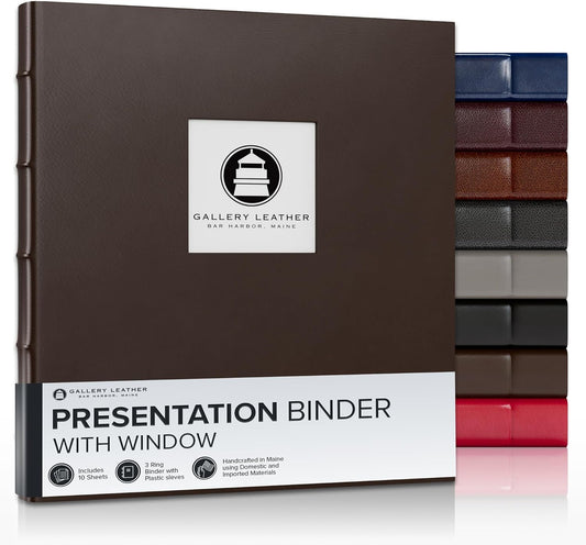 Gallery Leather 3 Ring Binder with Plastic Sleeves, Includes 10 Sheets, Sheet Size: 8.5" x 11" - Presentation Binder Rings with Window and Hubbed Spine, Thick: 1.25" Belfast Brown