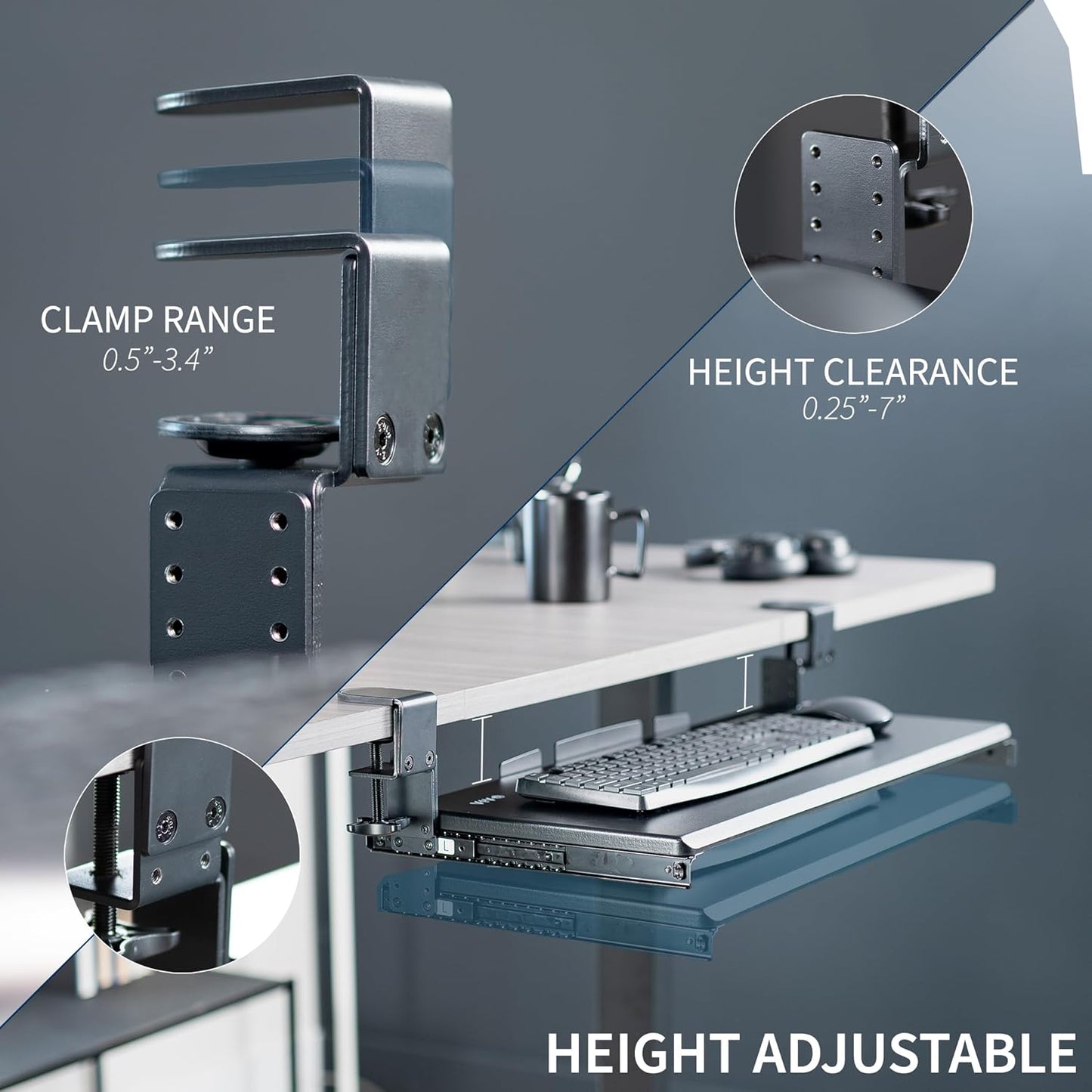 VIVO Large Height Adjustable Under Desk Keyboard Tray, C-clamp Mount System, 27(33 Including Clamps) x 11 inch Slide-Out Platform Computer Drawer for Typing, Black, MOUNT-KB05HB