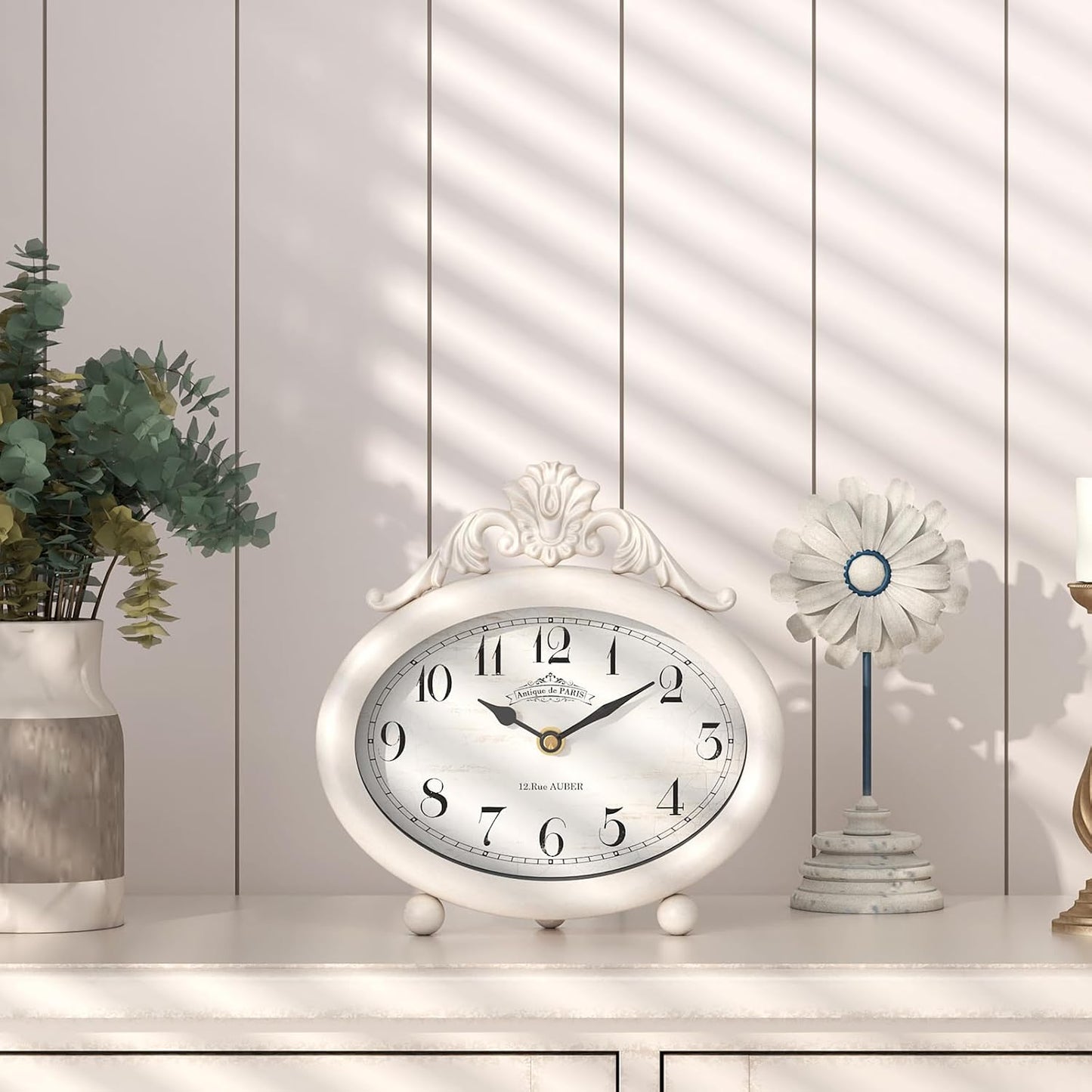 Vintage Table Clock, Desk and Shelf Decor Clock, French Rustic Antique Style White Mantel Clocks, for Farmhouse, Living Room, Bedroom, Bedside, Gift (7.87" H x 7.87" W)