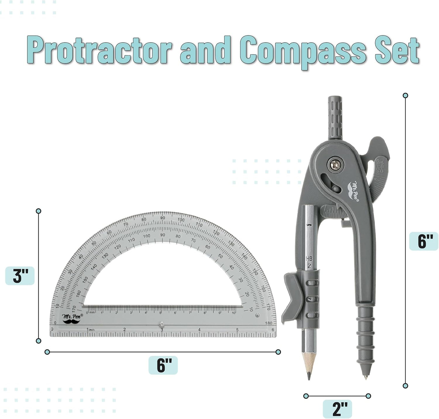 Mr. Pen- Compass and Protractor Set, Shuttle Grey, Compass Geometry Tool, Protractor and Compass Set, Compass Drawing Tool, Drawing Compass, Geometry Compass, Back to School Supplies