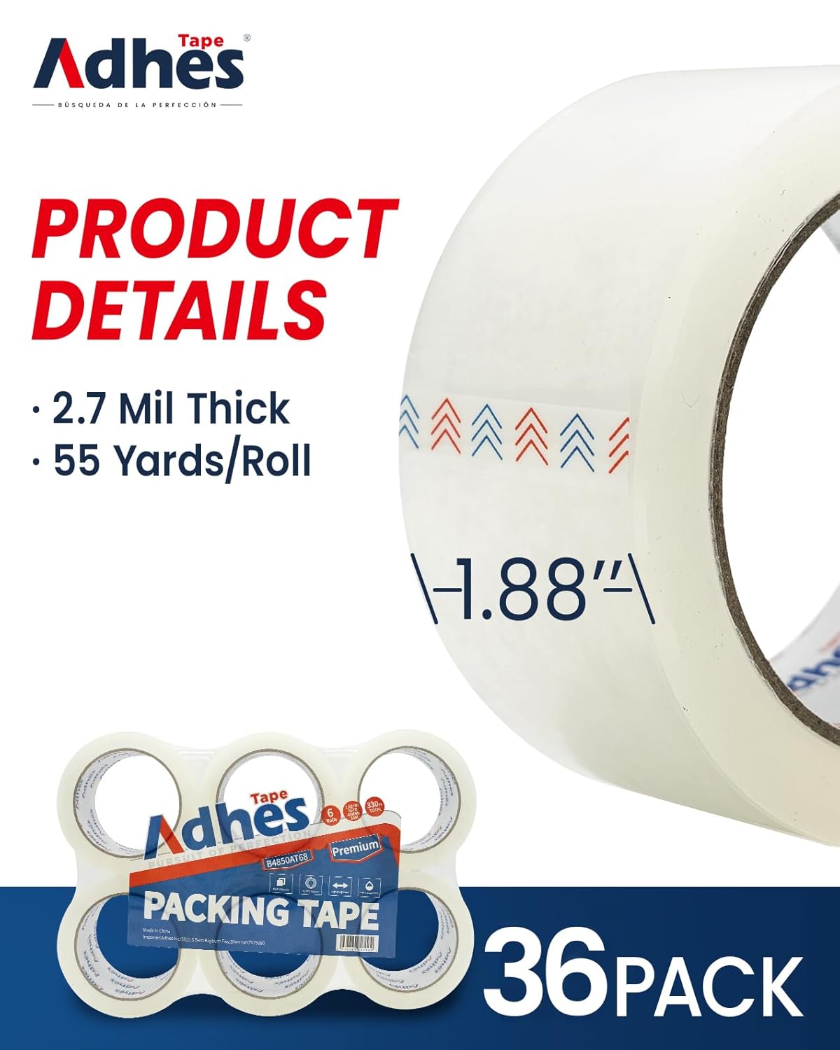 ADHES Heavy Duty Packing Tape, 36 Rolls, 1.88 Inch x 55 Yards, 2.7 mil Clear Shipping Tape Strong & Durable Package Tape for Shipping, Moving, Mailing and Sealing