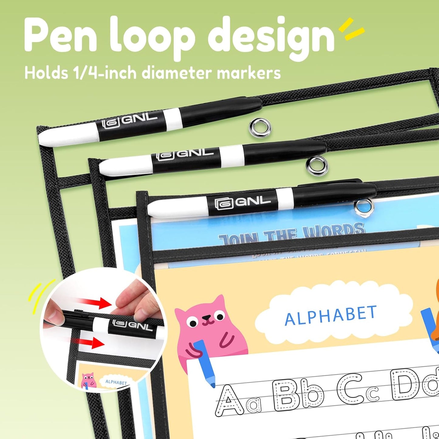 GNL Dry Erase Pocket Sleeves 30 Packs, Reusable Clear Plastic Ticket Holders with Rings, Durable & Easy-to-Erase Sheet Protectors, Black 10x14 Inch for Classroom & School Teacher Supplies