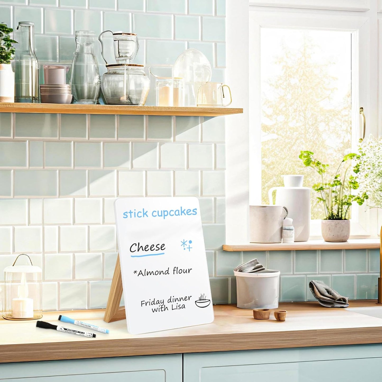 WALGLASS Desktop Glass White Board 9.5"x 6.7" with Reversible Wood Stand, Small Dry Erase Board, Portable Whiteboard for Desk, Reusable Desk Notepad with 2 Markers&Eraser for Home, Office