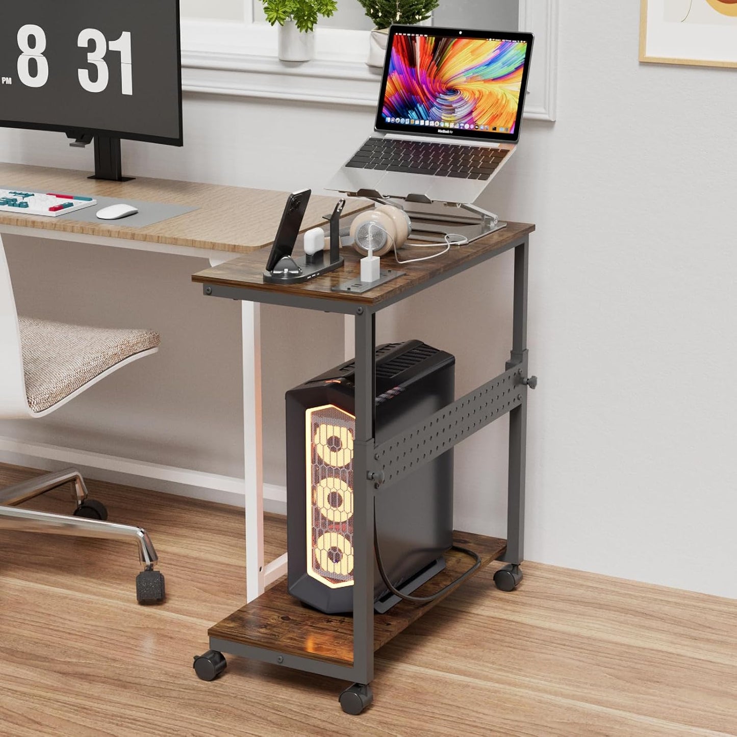 Computer Tower Stand with Charging Station, Height Adjustable 2-Tier CPU Stand with Power Strip and USB Ports, PC Tower Cart with Wheels and Printer Shelf, Rustic Brown and Black