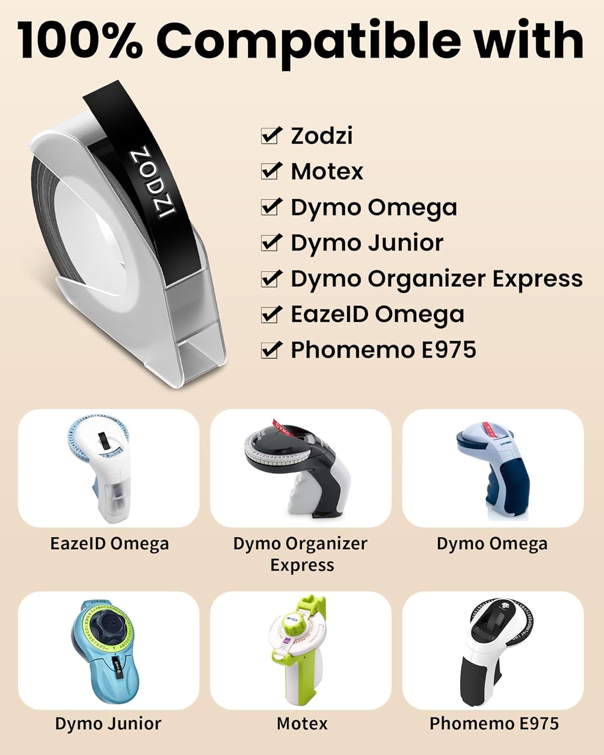 Zodzi Embossing Label Tapes Replacement for Dymo Label Maker Refills, 3/8 Inch 3D Plastic Label Maker Tape for Dymo Organizer Xpress Tape 1540 1550 1570 Office Mate II 12965 12966 Embossed Labels