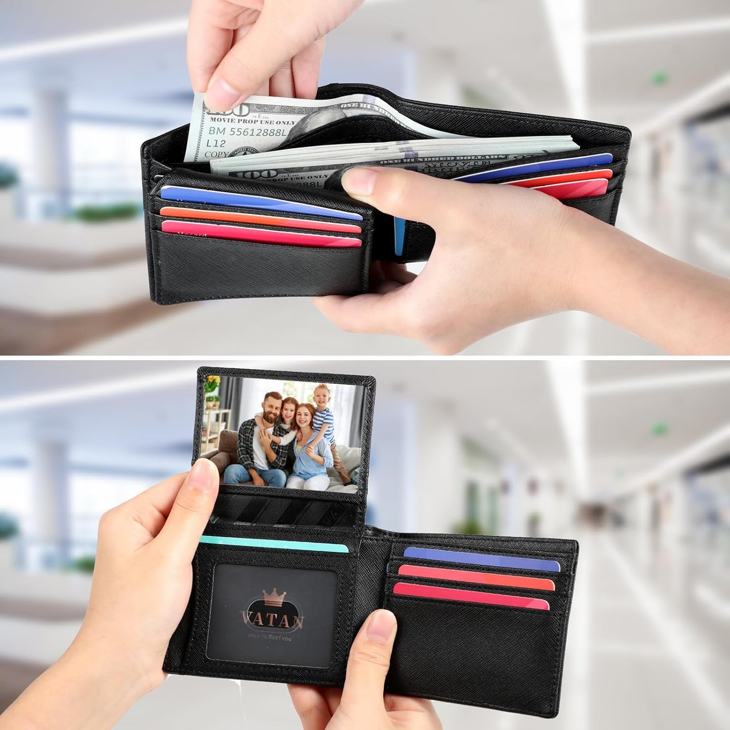 VATAN Wallet for Men, Mens Minimalist Wallet Credit Card Holder, Slim Leather Rfid 2 ID Window Large Capacity With Gift Box (Cross Grain Black)