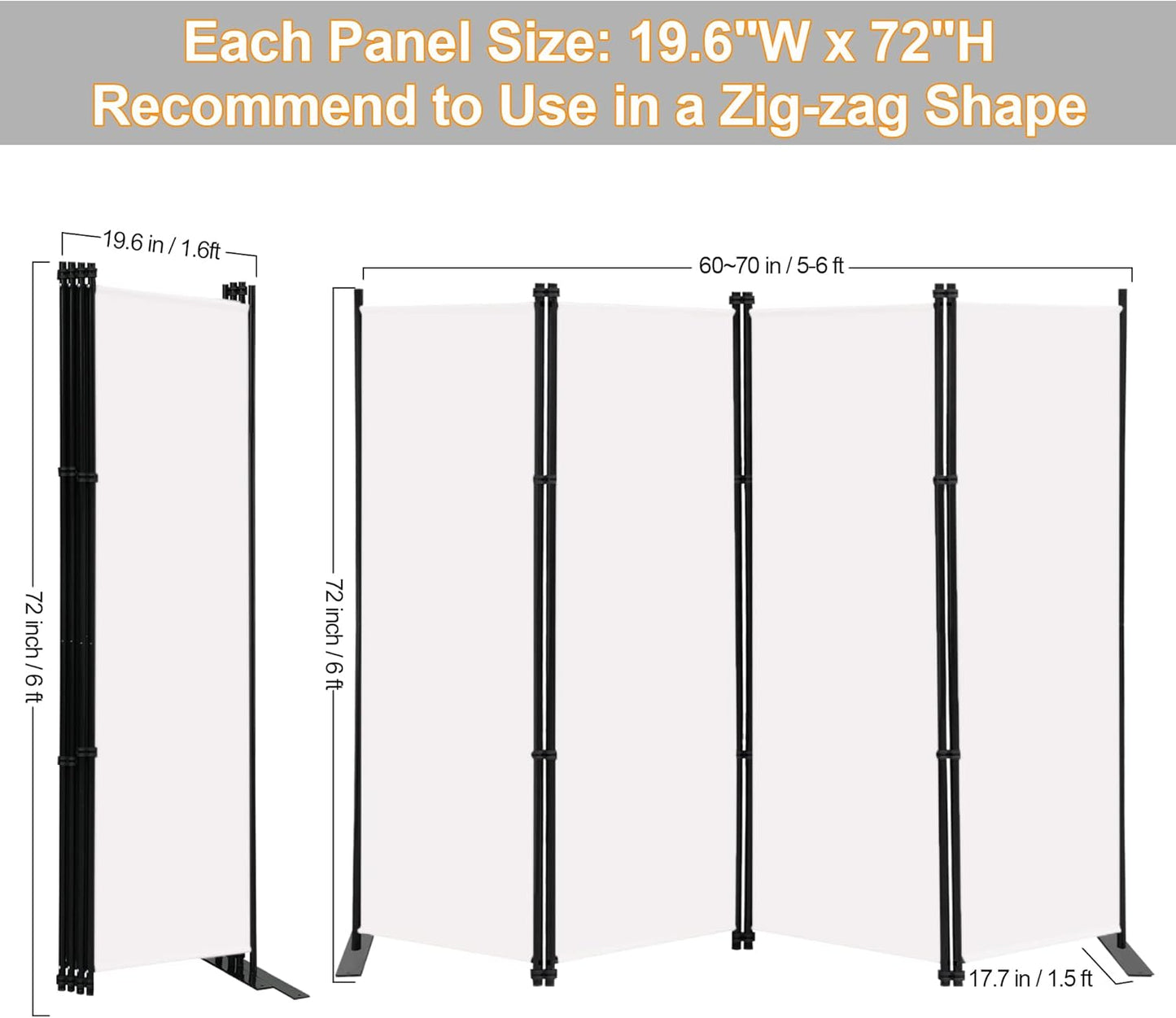 MAYOLIAH 4 Panel Room Divider Screen 6Ft Tall Foldable Privacy Dividers Indoor Wall Partition Room Separator White