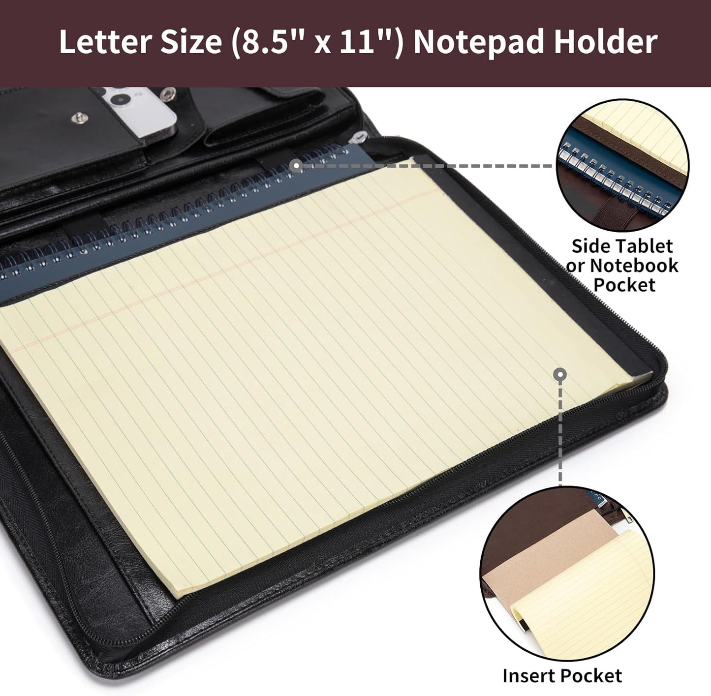 Vegan Leather Portfolio with Hidden Handle, Zippered Front Pocket, Business Padfolio for Men and Women, 8.5 x 11 Legal Pad Notebook Holder, Office Letter Notepad Folio, Black