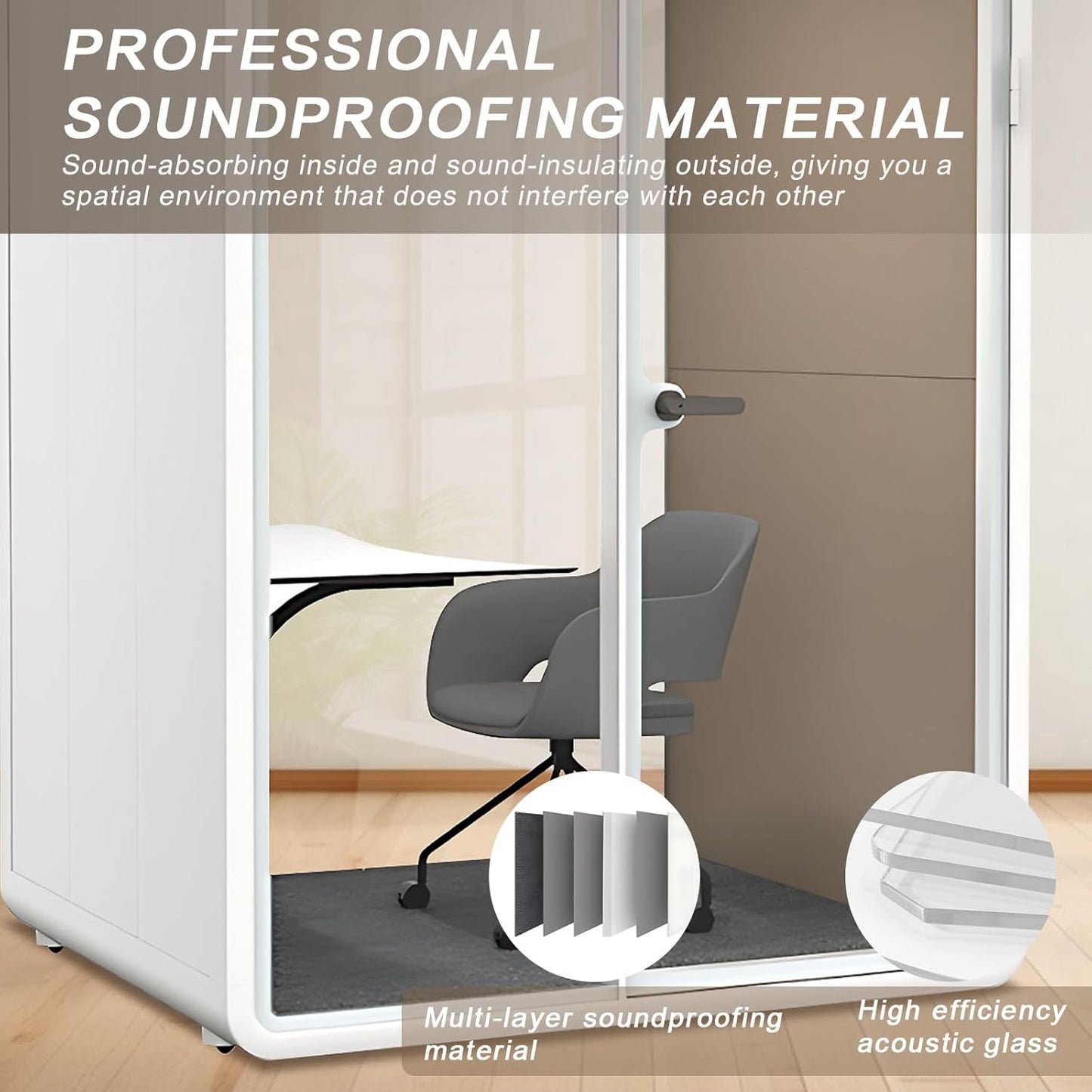 Office Sound Booth with Audio Privacy - Portable Soundproof Pod with Wheels,Soundproof Pod with Light,Ventilation,Socket for Working,Reading,Communicating