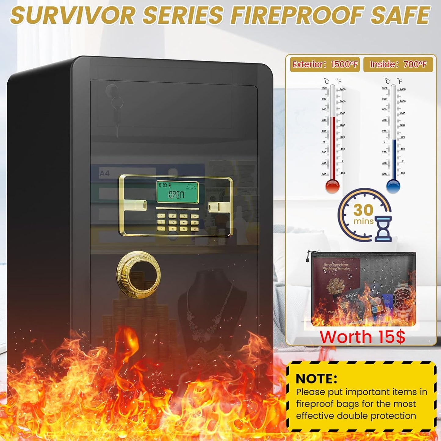 5.0 Cuft Fireproof Safe for Home, Home Safes Water and Fireproof, Safe Box with Digital Combination Lock, Fire and Water Proof Bag, Removable Shelf, Smart Alert, Fire Proof Safes for Money, Valuables