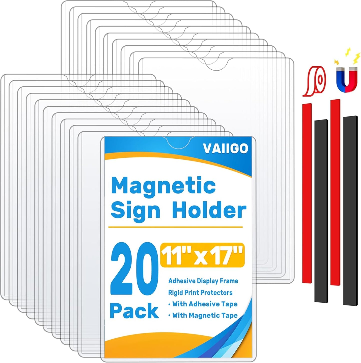 Magnetic Sign Holder 11 x 17, 20 Pack Rigid Magnetic Paper Holder Poster Display Frame, Clear Plastic Document Protectors with Magnet & Adhesive, Adhesive Frame for Wall Door Fridge Window