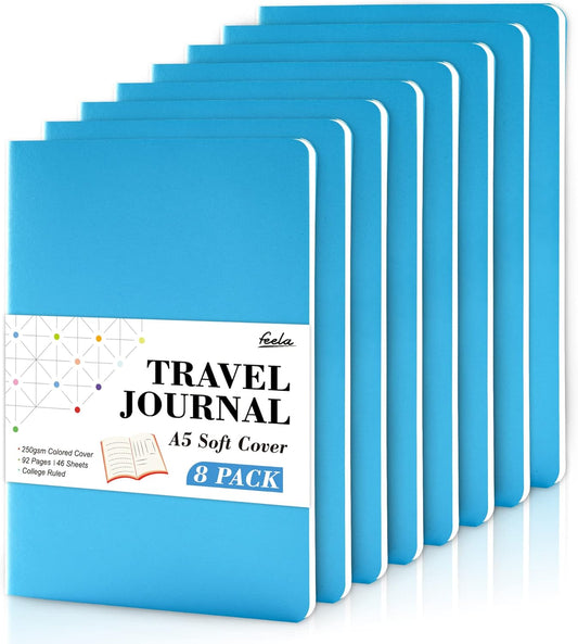 8 Pack Soft Cover Journal Bulk, Feela Notebooks College Ruled for Work, Lined Travel Journal for Women Men, Note Taking Notebook School Supplies Business Writing, 8.2” x 5.5”, A5, Blue