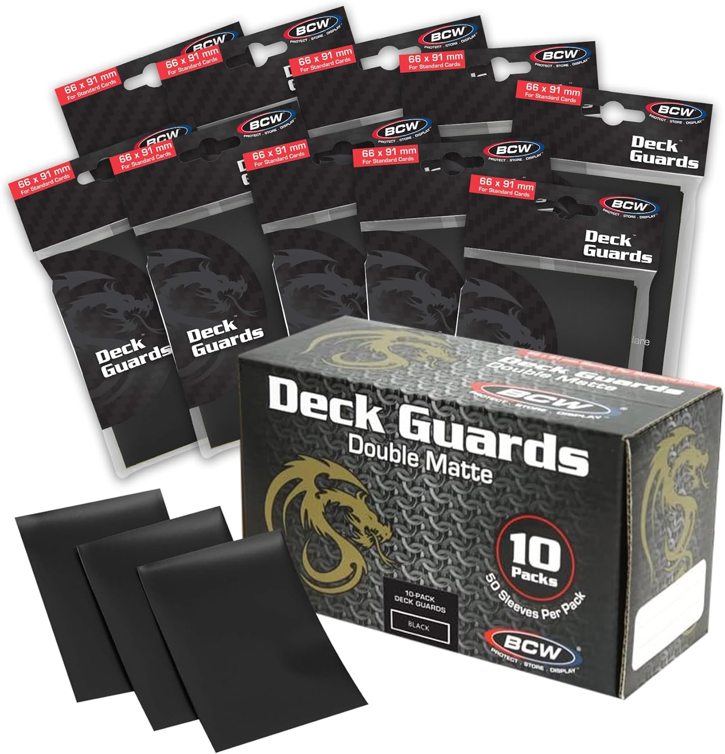 BCW Deck Guard - Double Matte Card Sleeves | 500 Count Box (10 Packs of 50 Sleeves) |Acid-Free, No PVC | Fits 2.5" x 3.5" Game Cards | Archival Safe Sleeves for Card Protection (Black)