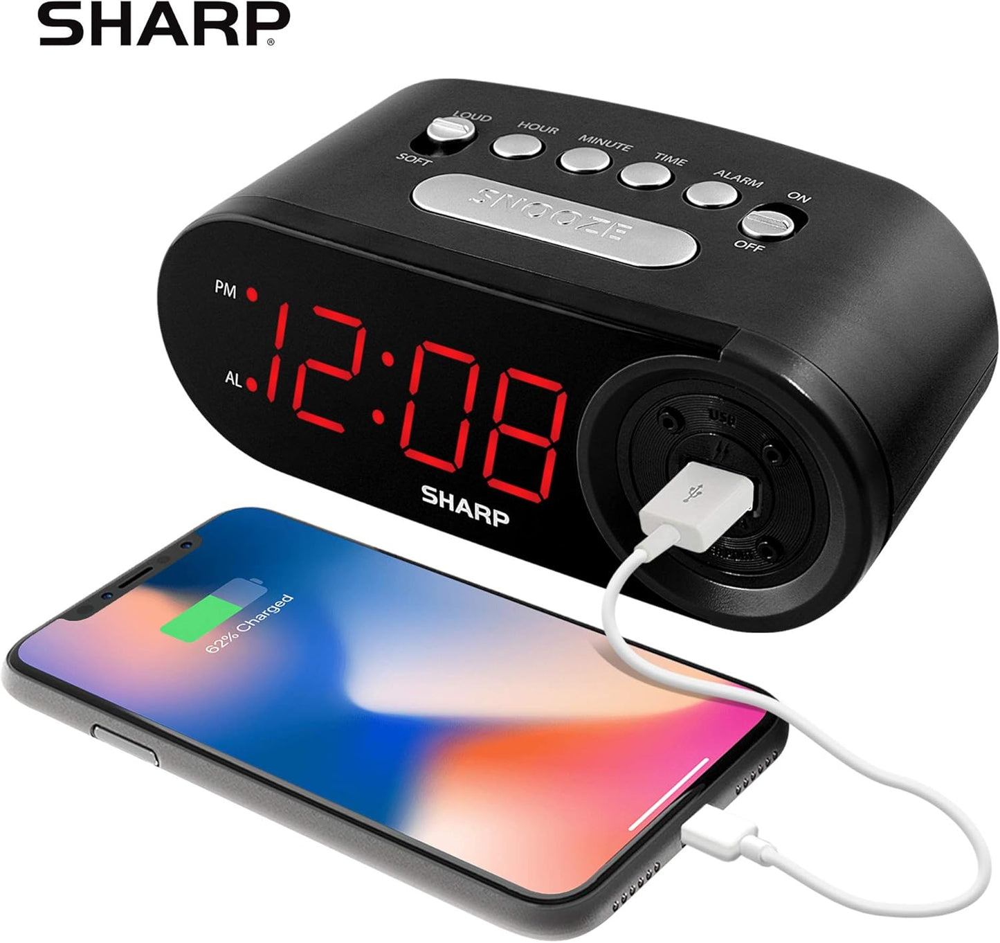 Sharp Digital Easy to Read Alarm Clock with 2 AMP High-Speed USB Charging Power Port - Charge Your Phone, Tablet with a high Speed Charge! Simple, Easy to Use Operation, Midnight Black