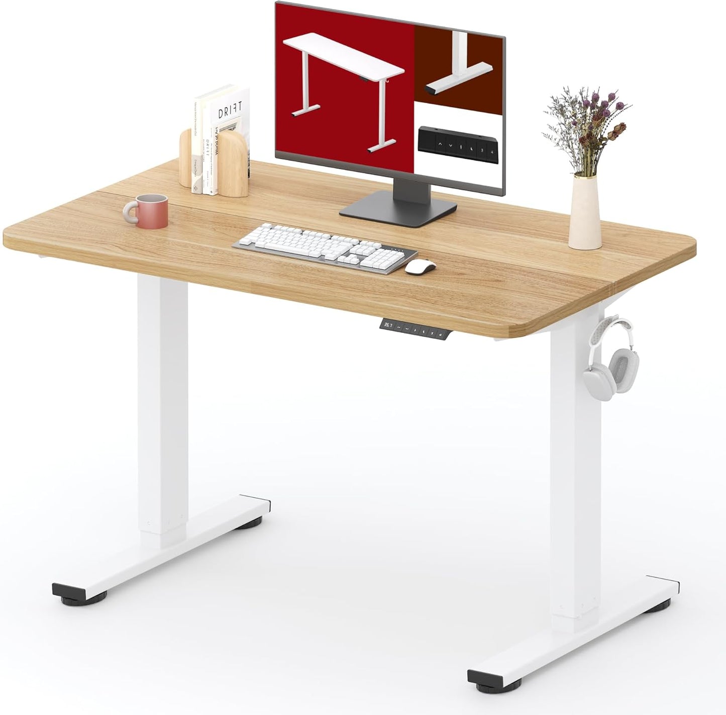 SANODESK Standing Desk Height Adjustable Electric 40x24 Inches Sit Stand Desk for Home Office with Splice Board, White Frame/Maple Top