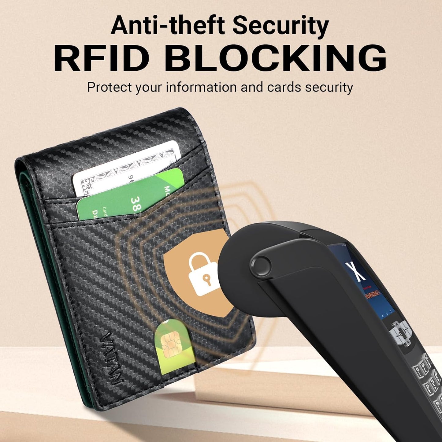 VATAN Wallet for Men, Mens Minimalist Wallet Credit Card Holder, Slim Leather Rfid 2 ID Window Large Capacity With Gift Box (Carbon black and Green)